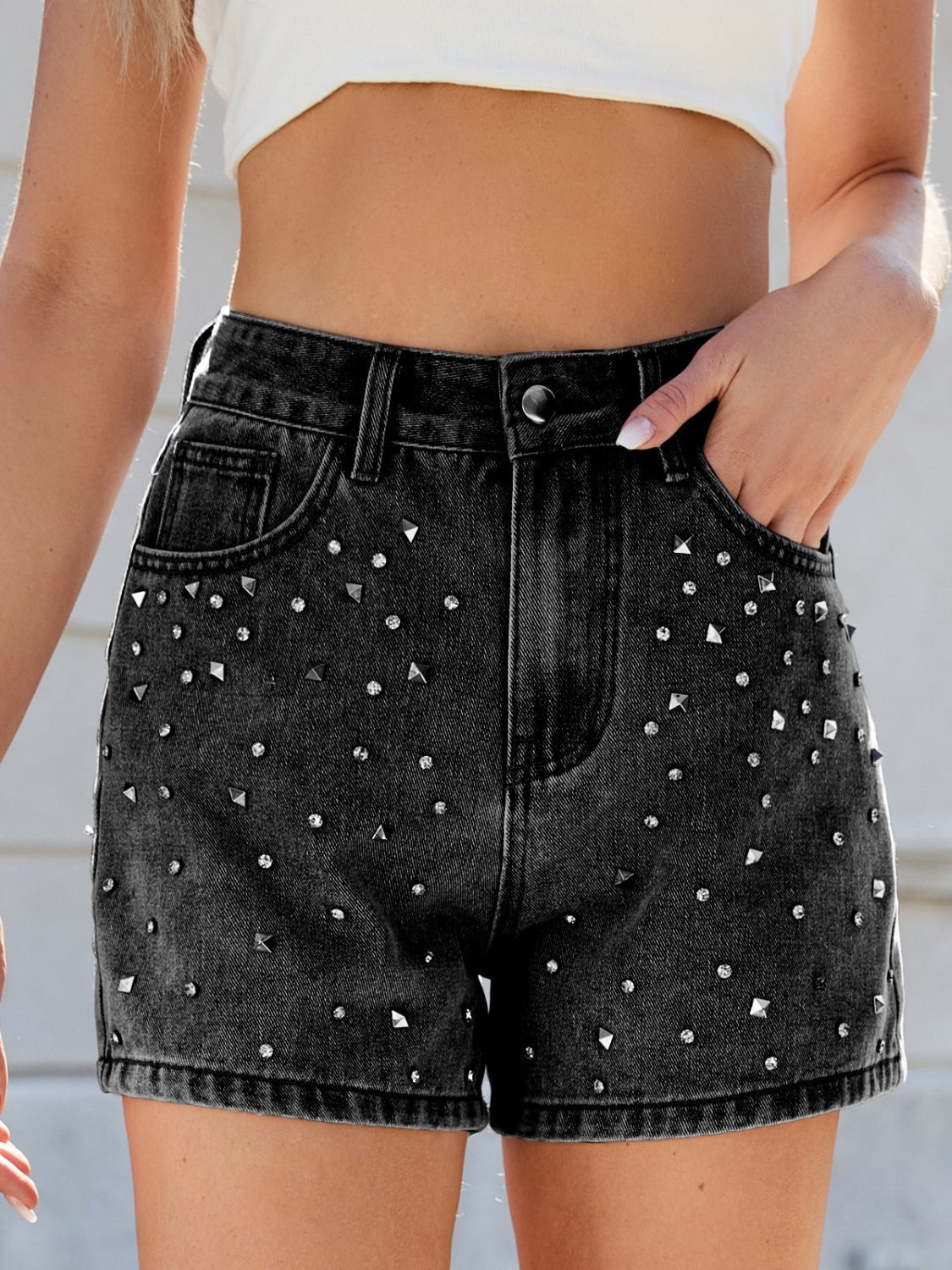 Rhinestone Washed High Waist Denim Shorts - Flip Flop Dynasty