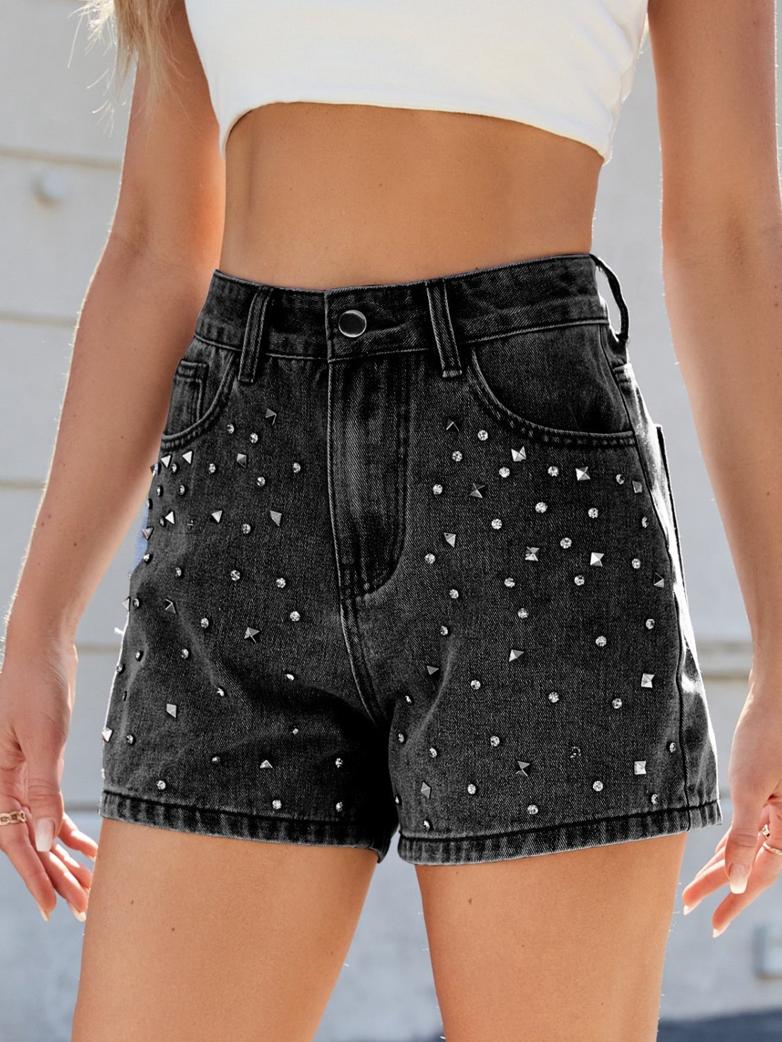 Rhinestone Washed High Waist Denim Shorts - Flip Flop Dynasty