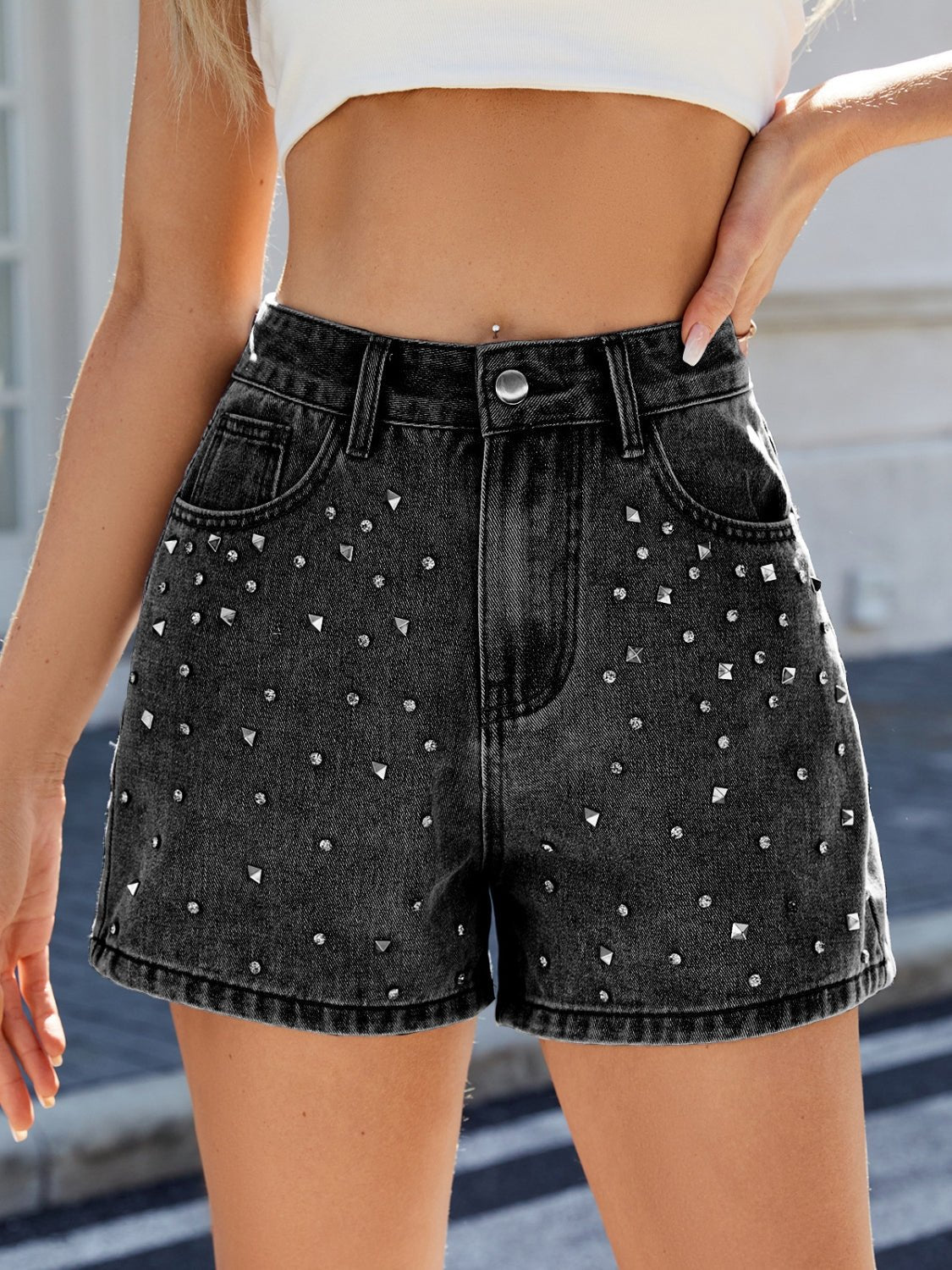 Rhinestone Washed High Waist Denim Shorts - Flip Flop Dynasty