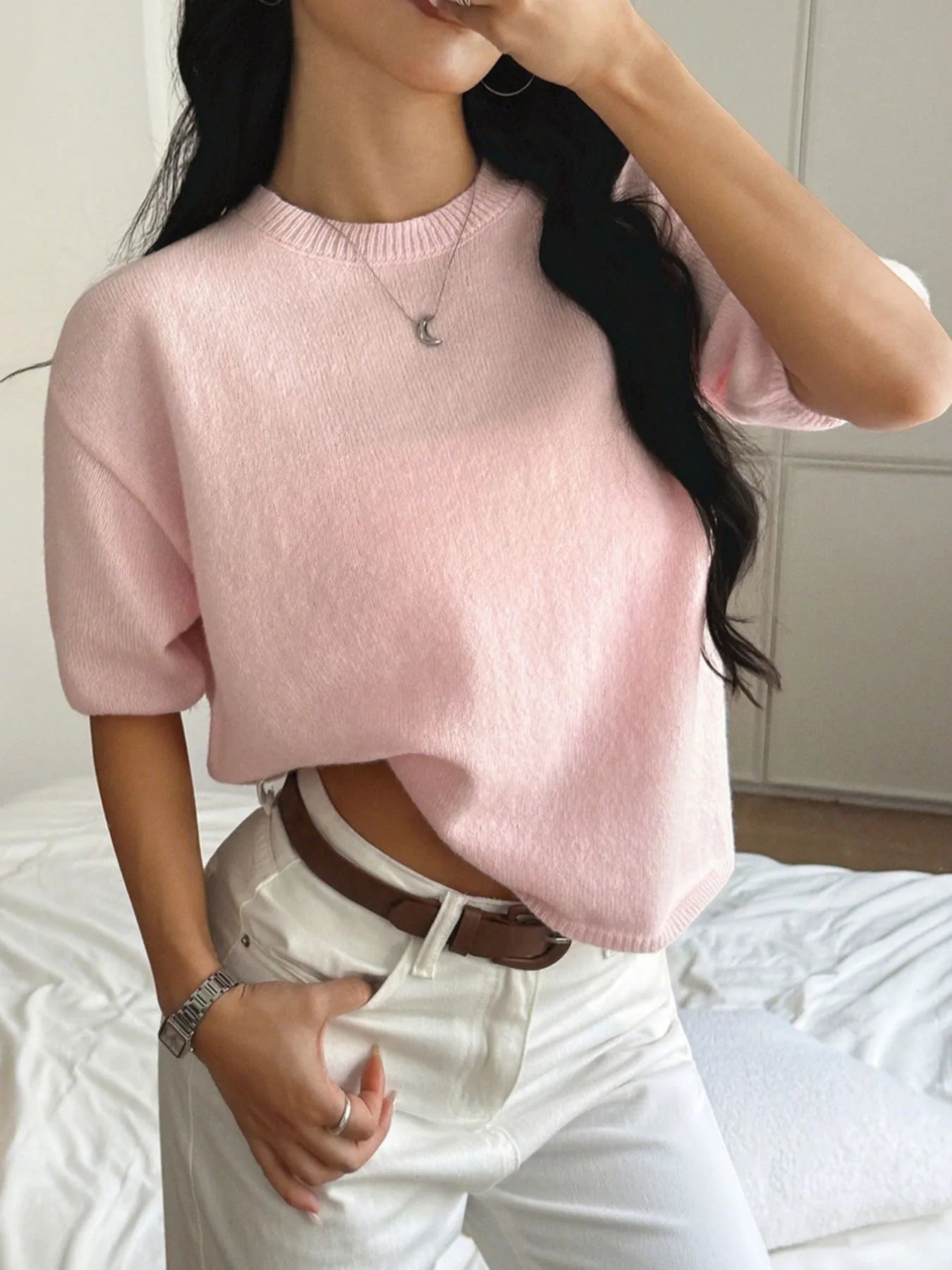 Ribbed Hem Round Neck Sweater - Flip Flop Dynasty