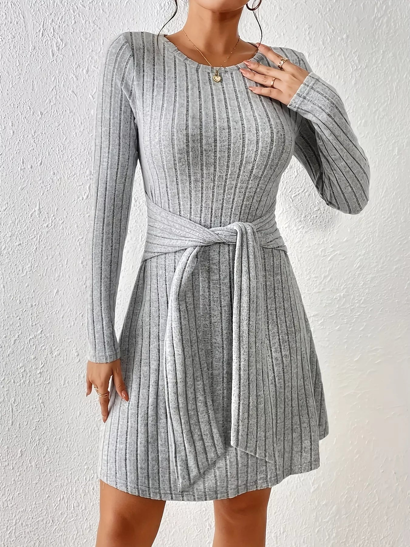 Ribbed Knit Tie Waist Long Sleeve Casual Dress - Flip Flop Dynasty