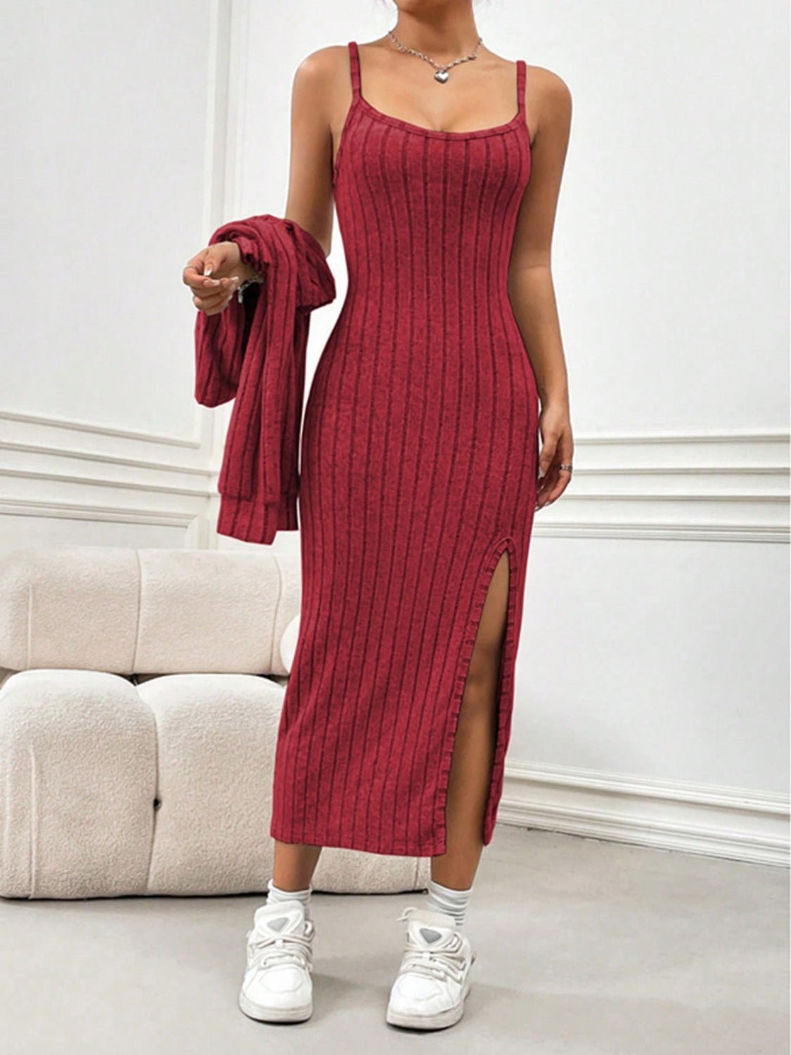 Ribbed Long Sleeve Cropped Cardigan and Slit Cami Dress Set - Flip Flop Dynasty