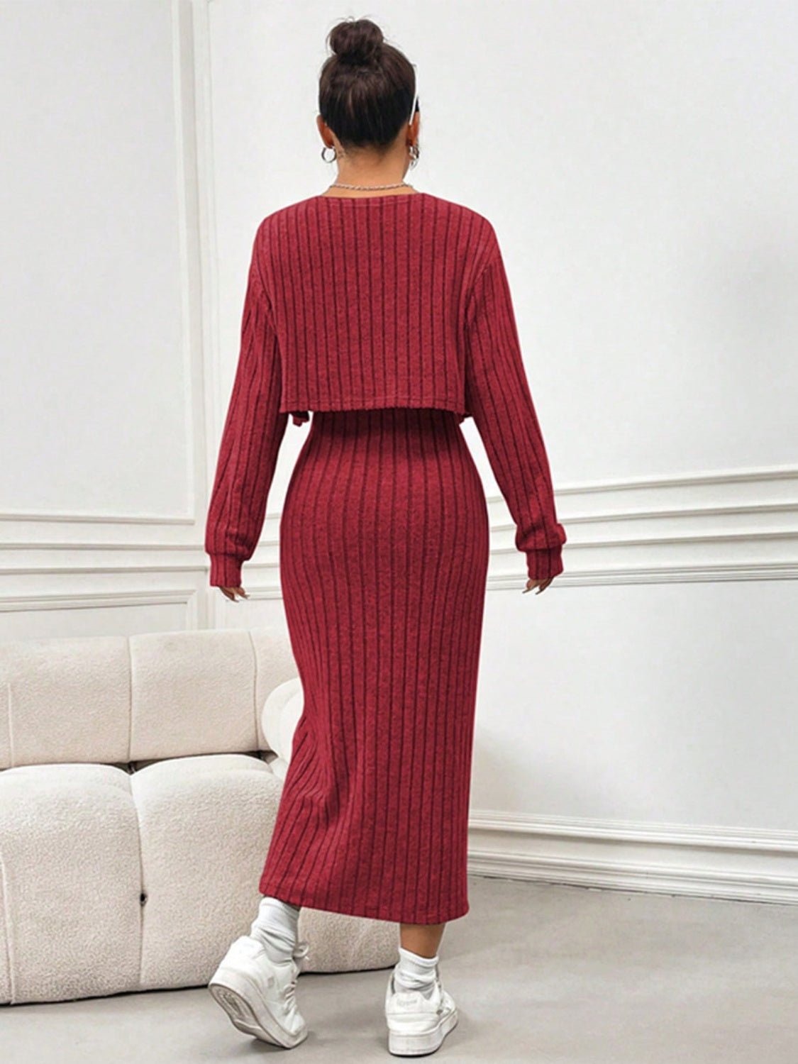 Ribbed Long Sleeve Cropped Cardigan and Slit Cami Dress Set - Flip Flop Dynasty