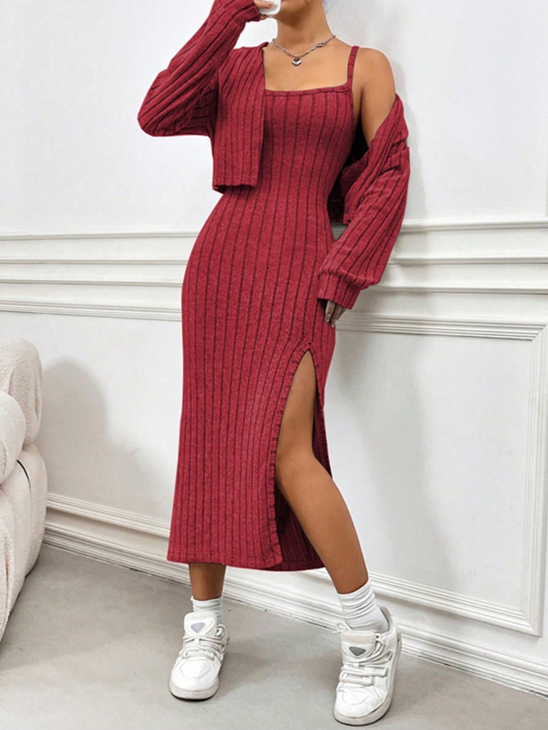 Ribbed Long Sleeve Cropped Cardigan and Slit Cami Dress Set - Flip Flop Dynasty