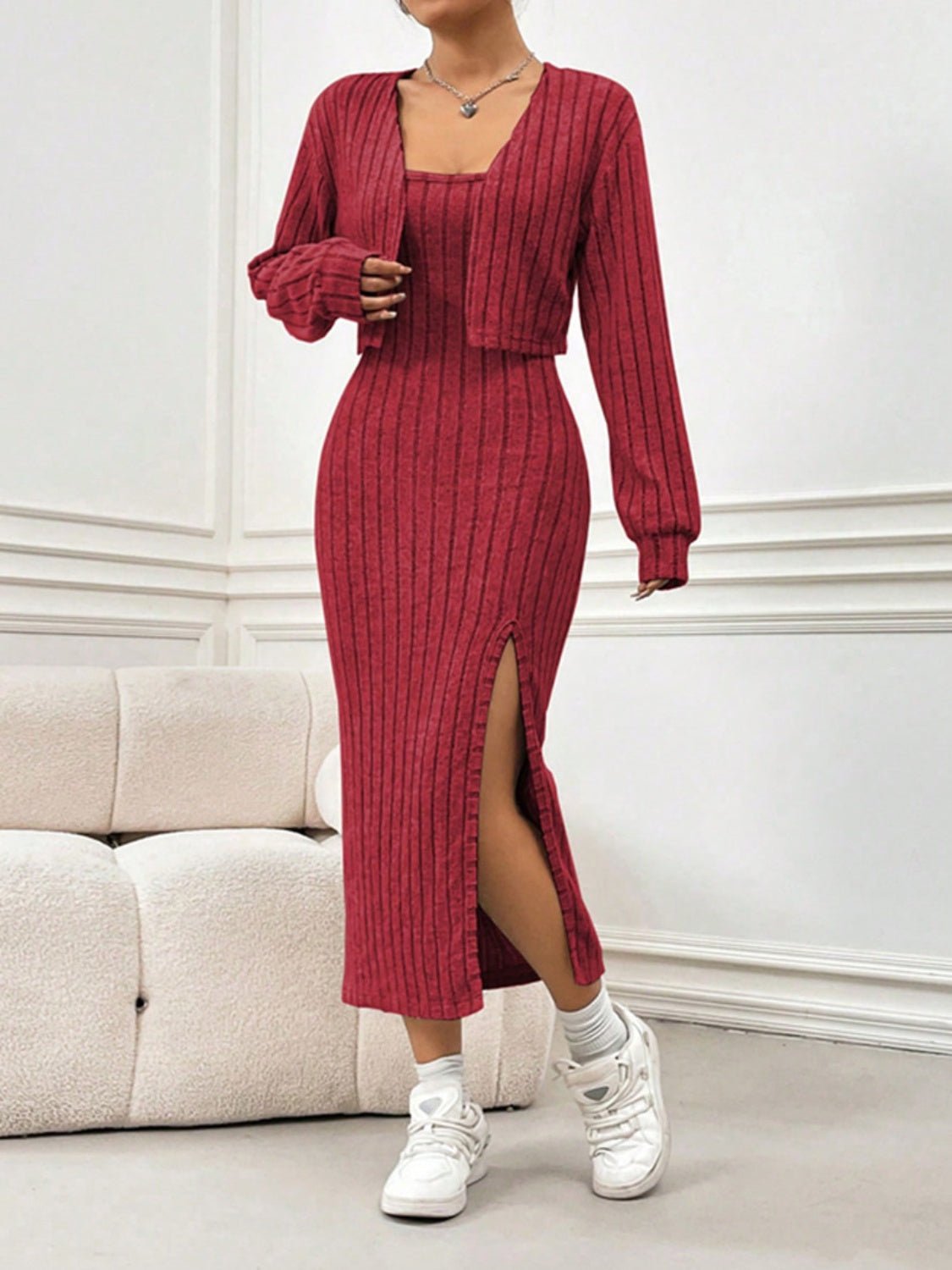 Ribbed Long Sleeve Cropped Cardigan and Slit Cami Dress Set - Flip Flop Dynasty