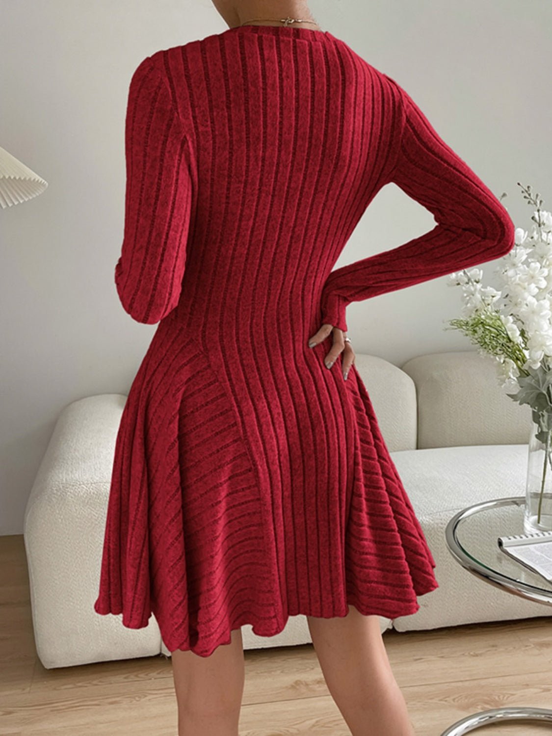 Ribbed Round Neck Long Sleeve Dress - Flip Flop Dynasty