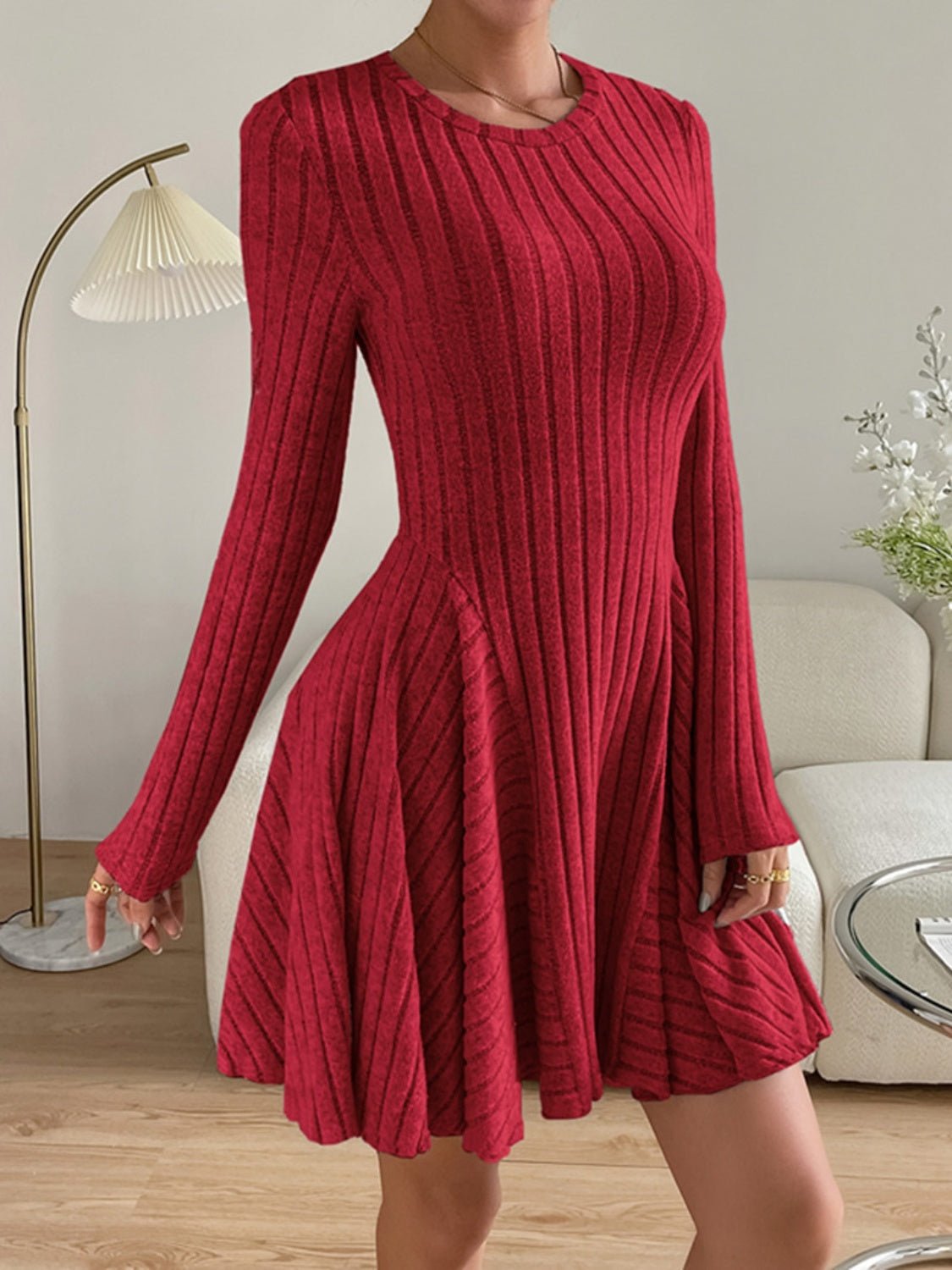 Ribbed Round Neck Long Sleeve Dress - Flip Flop Dynasty