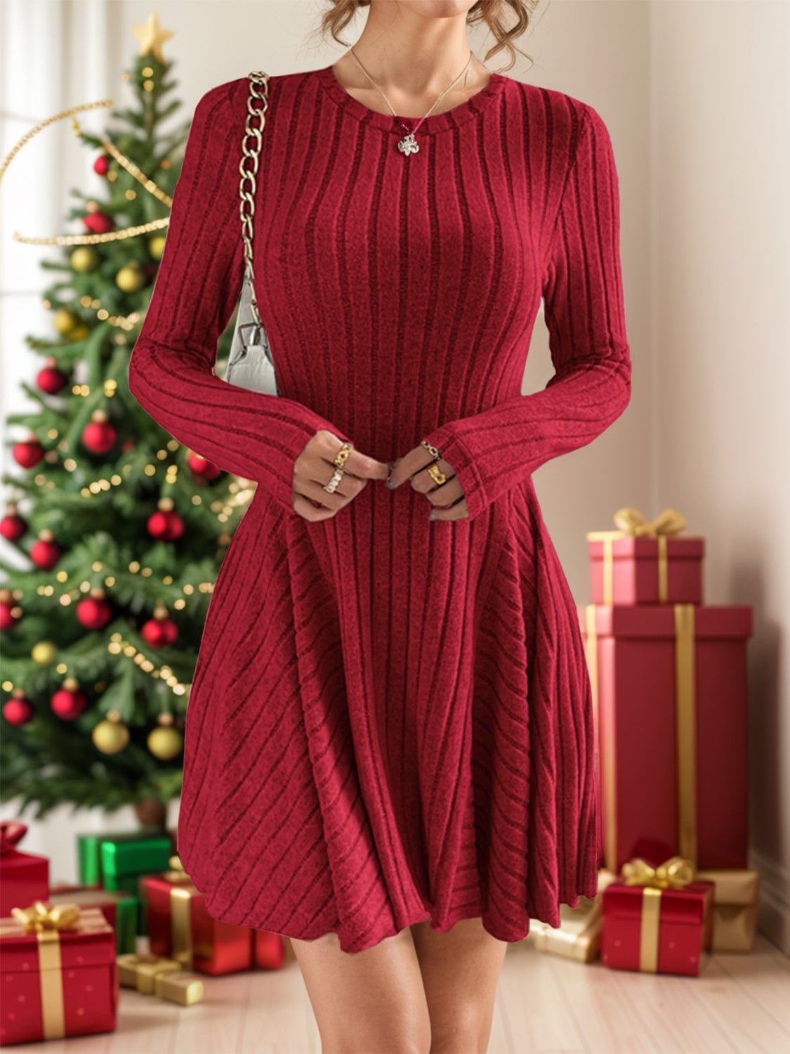 Ribbed Round Neck Long Sleeve Dress - Flip Flop Dynasty