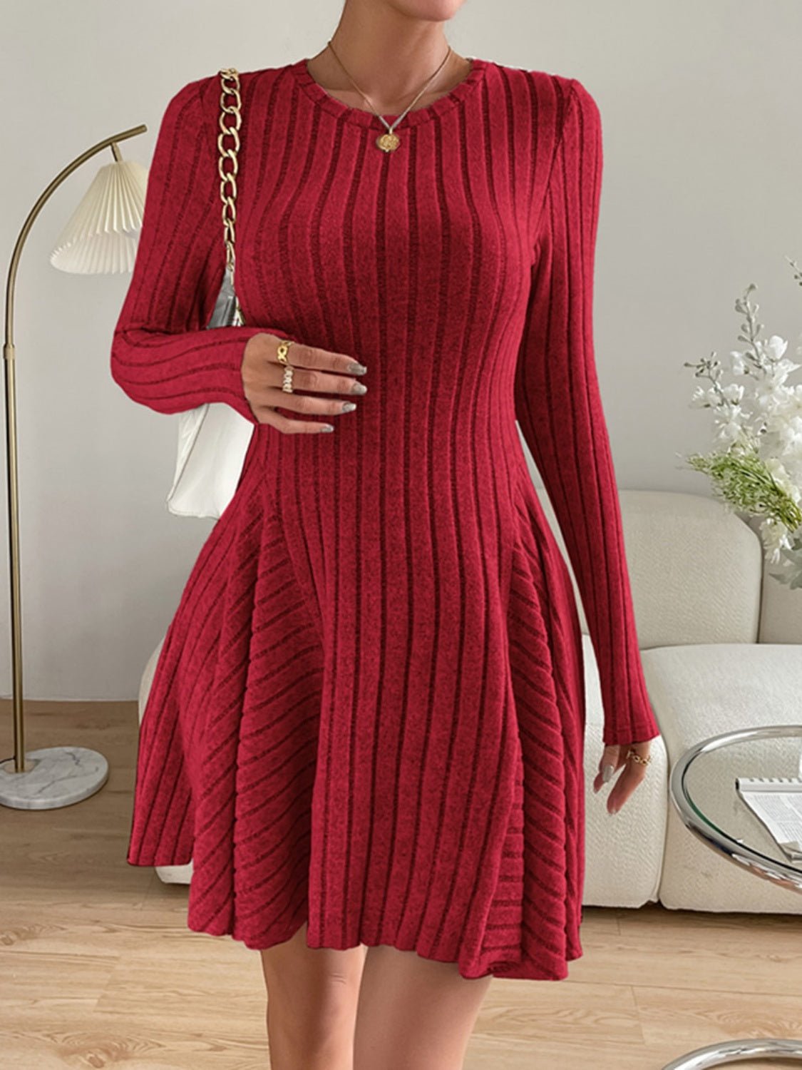 Ribbed Round Neck Long Sleeve Dress - Flip Flop Dynasty