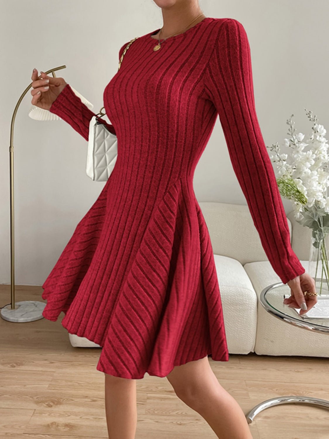 Ribbed Round Neck Long Sleeve Dress - Flip Flop Dynasty
