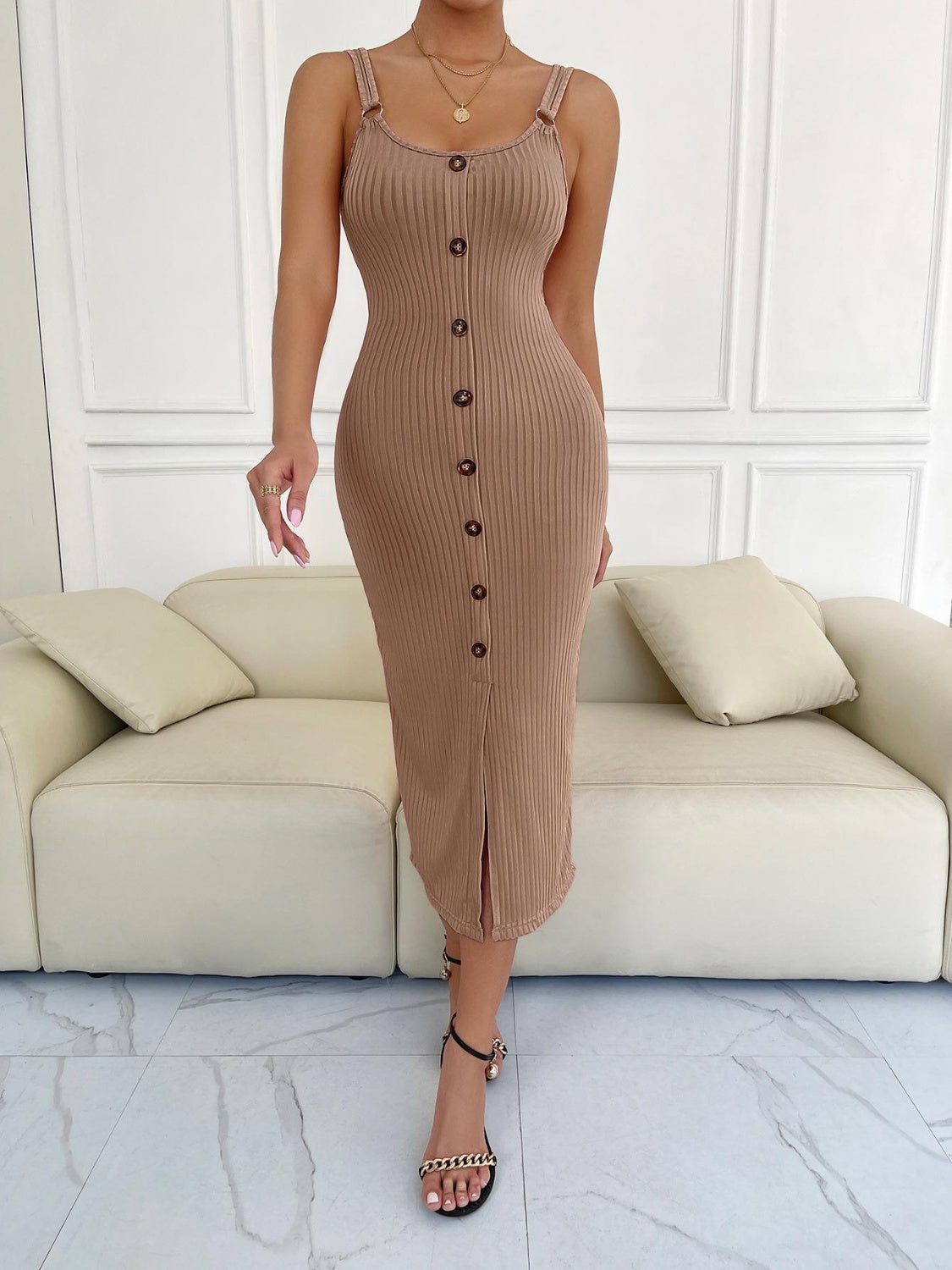 Ribbed Slit Decorative Button Cami Dress - Flip Flop Dynasty