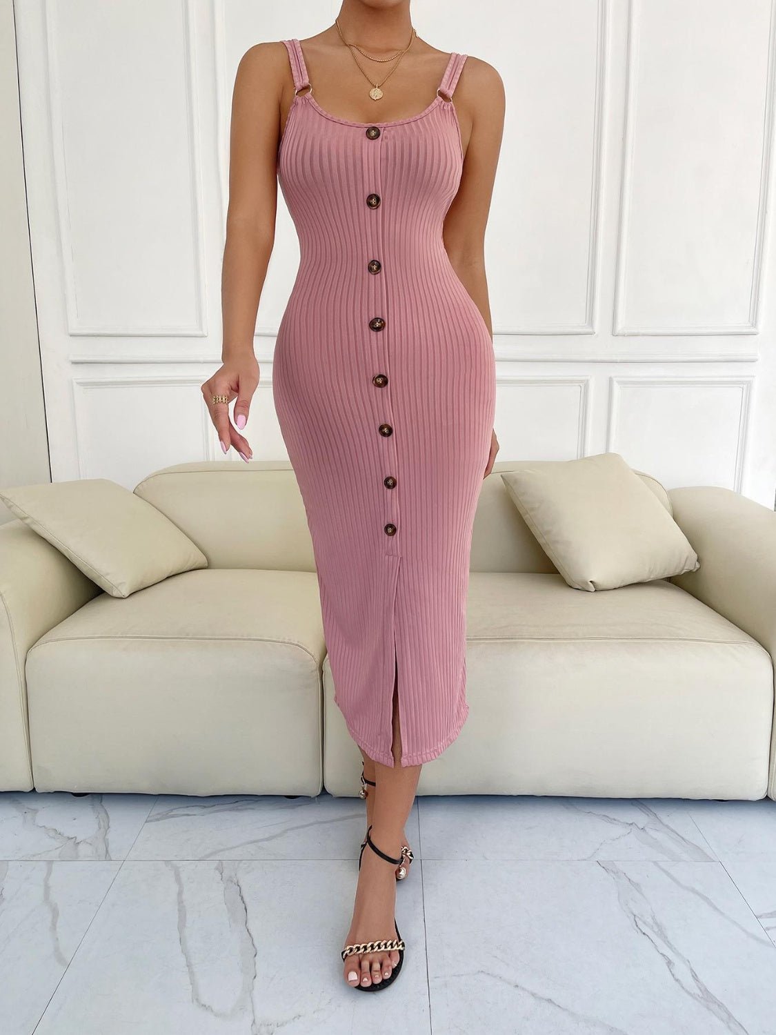 Ribbed Slit Decorative Button Cami Dress - Flip Flop Dynasty