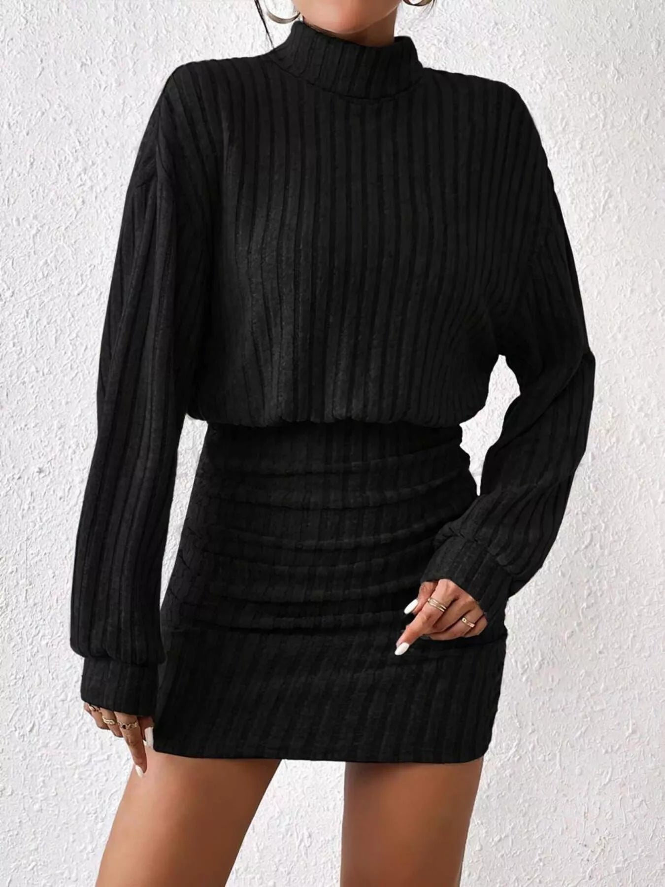 Ribbed Turtleneck Long Sleeve Sweater Dress - Flip Flop Dynasty