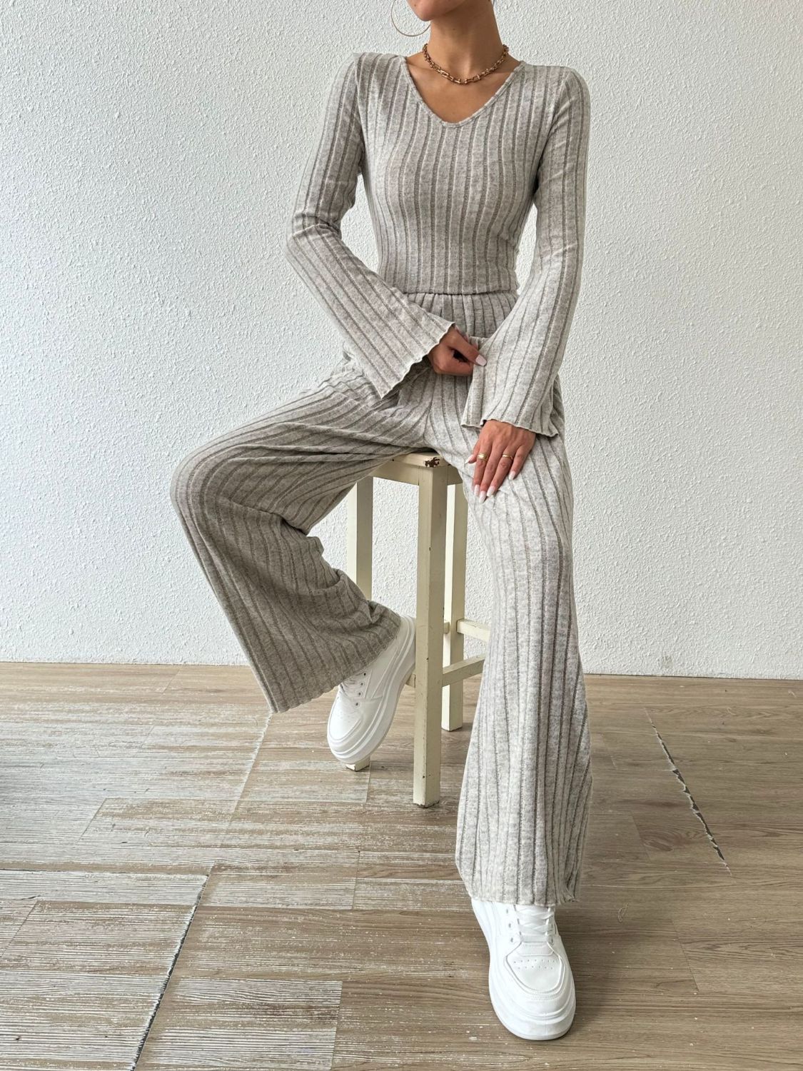 Ribbed V - Neck Long Sleeve Top and Pocketed Pants Set - Flip Flop Dynasty