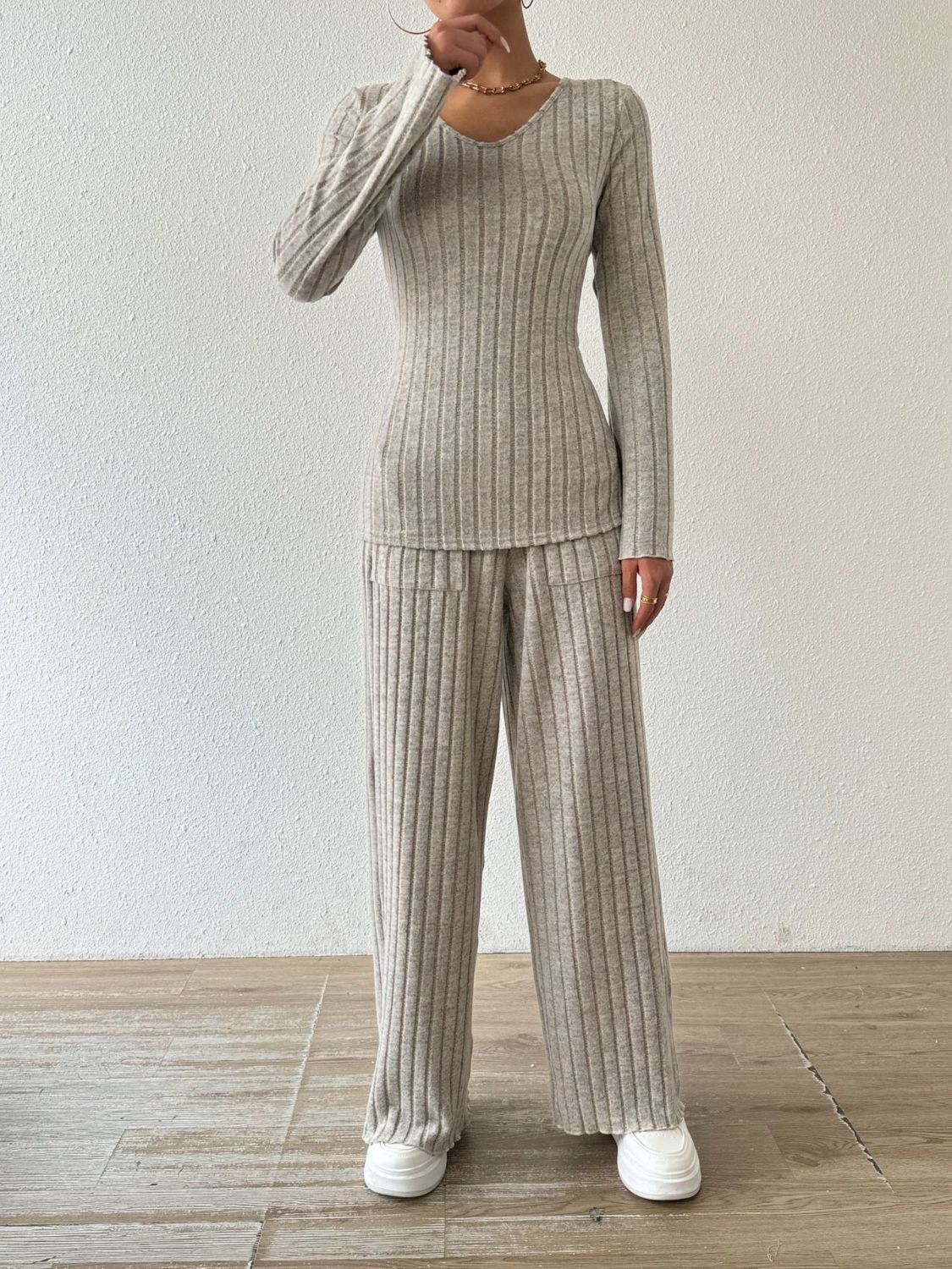 Ribbed V - Neck Long Sleeve Top and Pocketed Pants Set - Flip Flop Dynasty