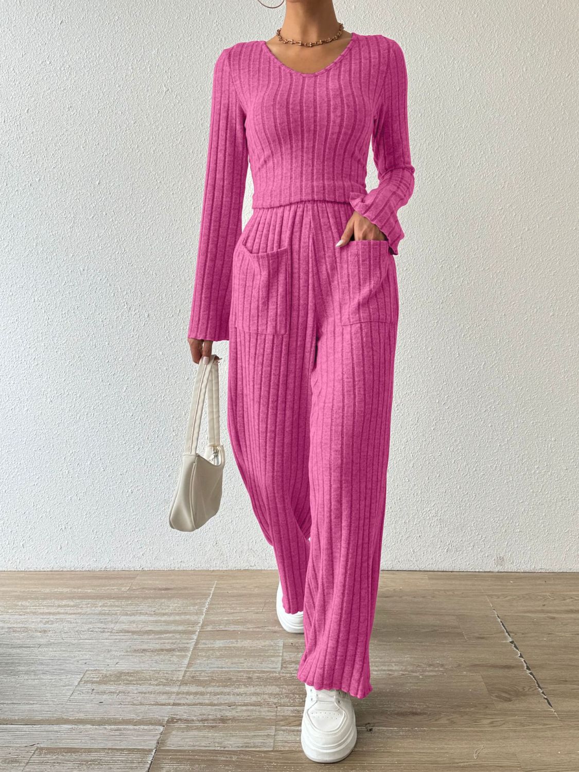 Ribbed V - Neck Long Sleeve Top and Pocketed Pants Set - Flip Flop Dynasty