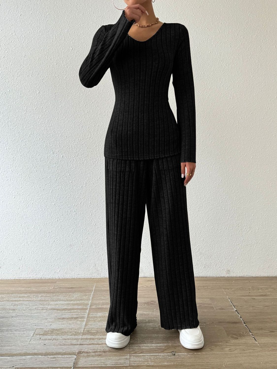 Ribbed V - Neck Long Sleeve Top and Pocketed Pants Set - Flip Flop Dynasty