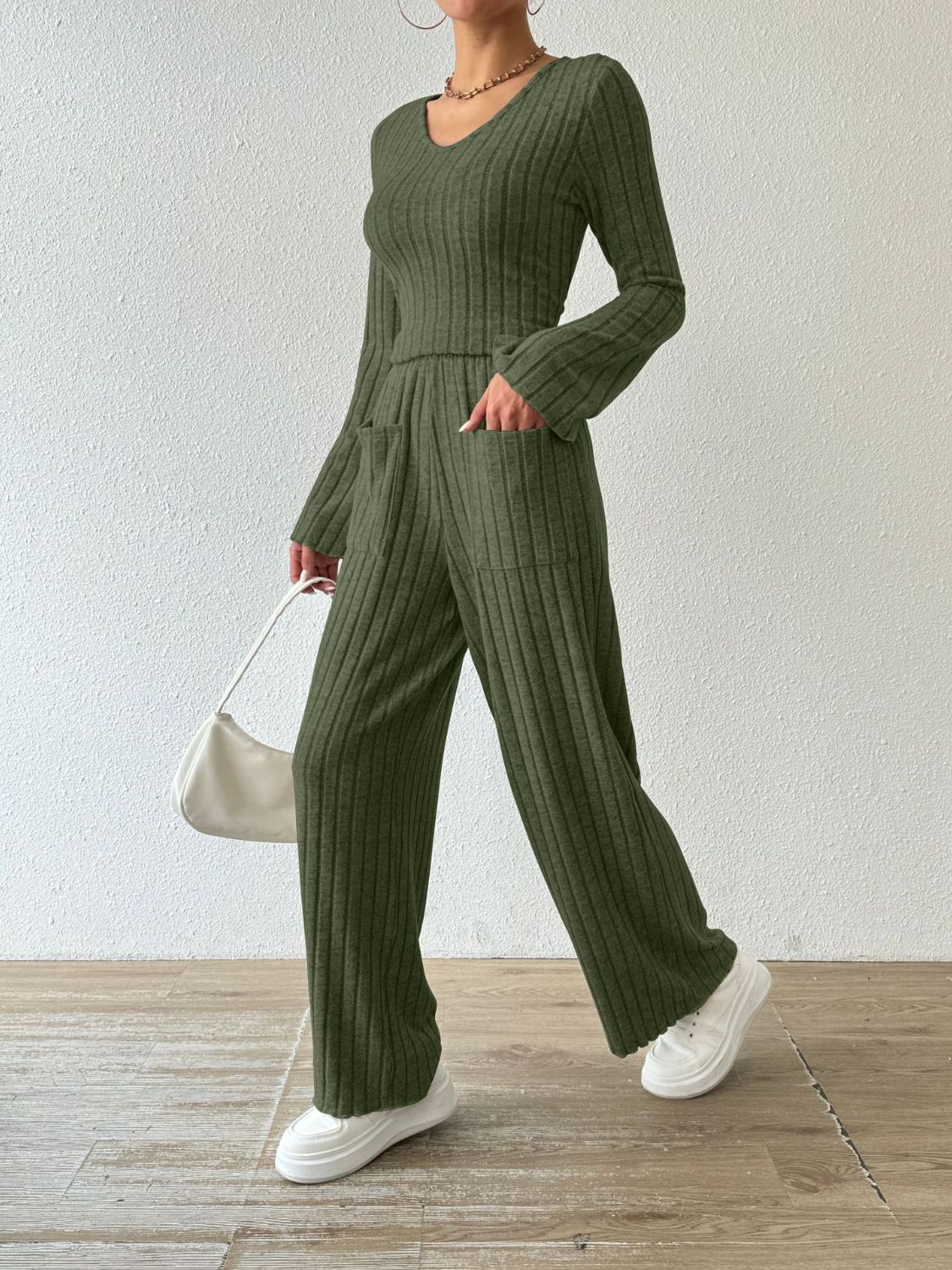 Ribbed V - Neck Long Sleeve Top and Pocketed Pants Set - Flip Flop Dynasty