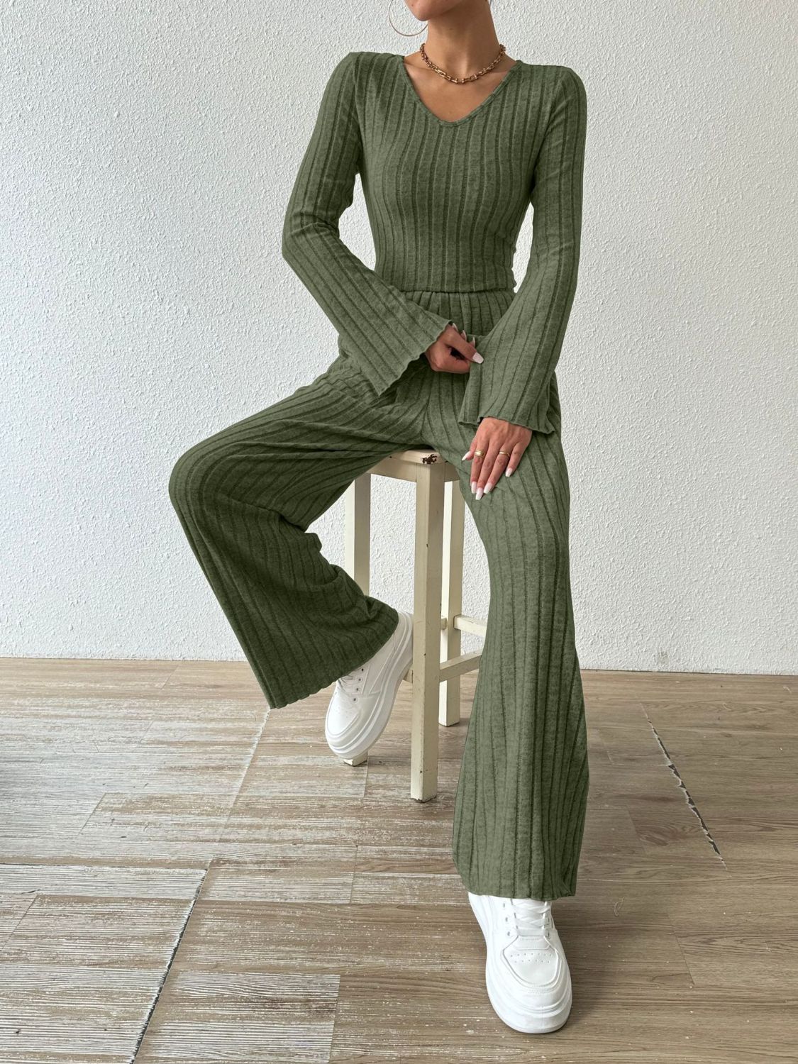 Ribbed V - Neck Long Sleeve Top and Pocketed Pants Set - Flip Flop Dynasty