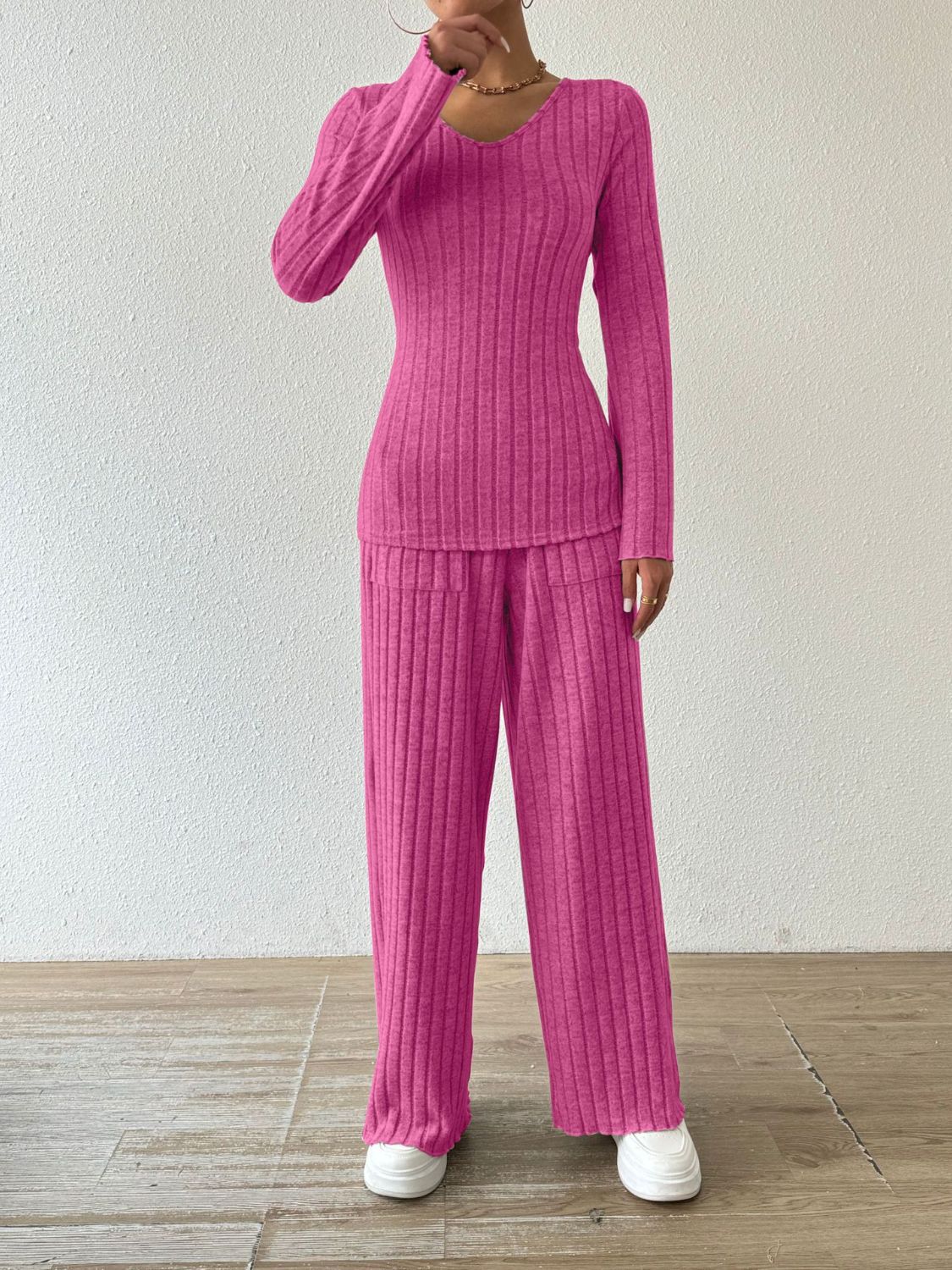 Ribbed V - Neck Long Sleeve Top and Pocketed Pants Set - Flip Flop Dynasty