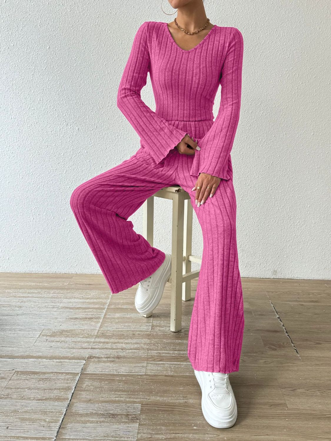 Ribbed V - Neck Long Sleeve Top and Pocketed Pants Set - Flip Flop Dynasty