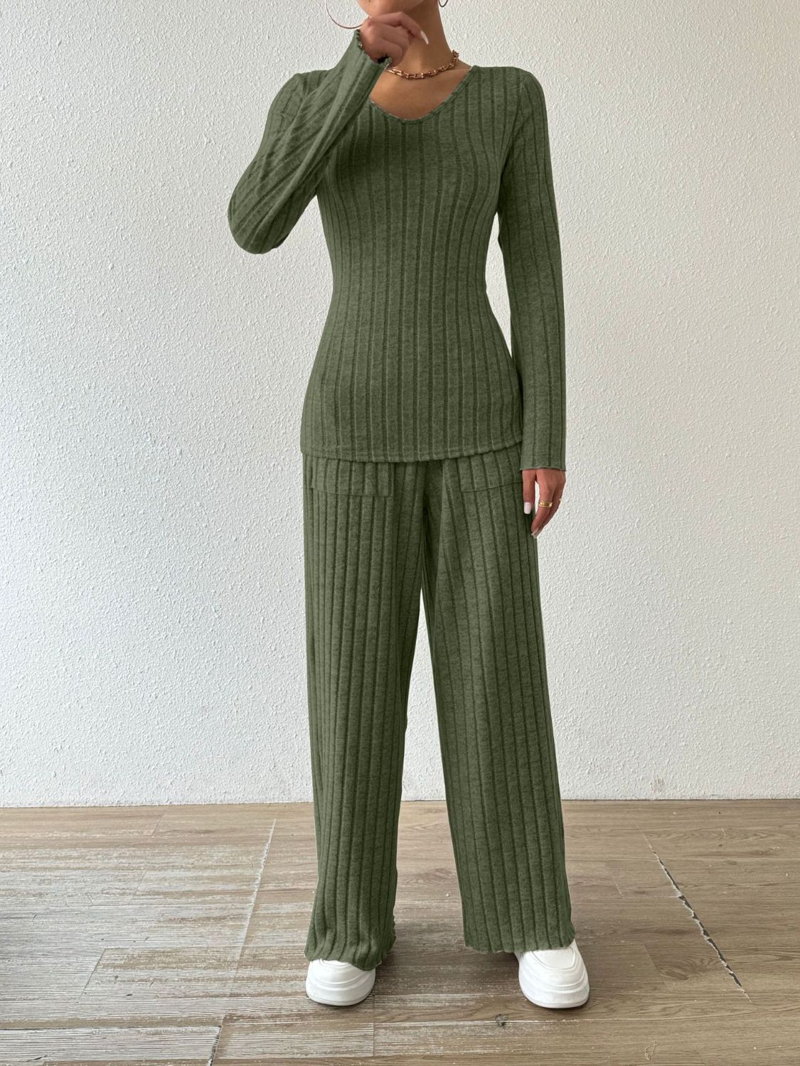 Ribbed V - Neck Long Sleeve Top and Pocketed Pants Set - Flip Flop Dynasty