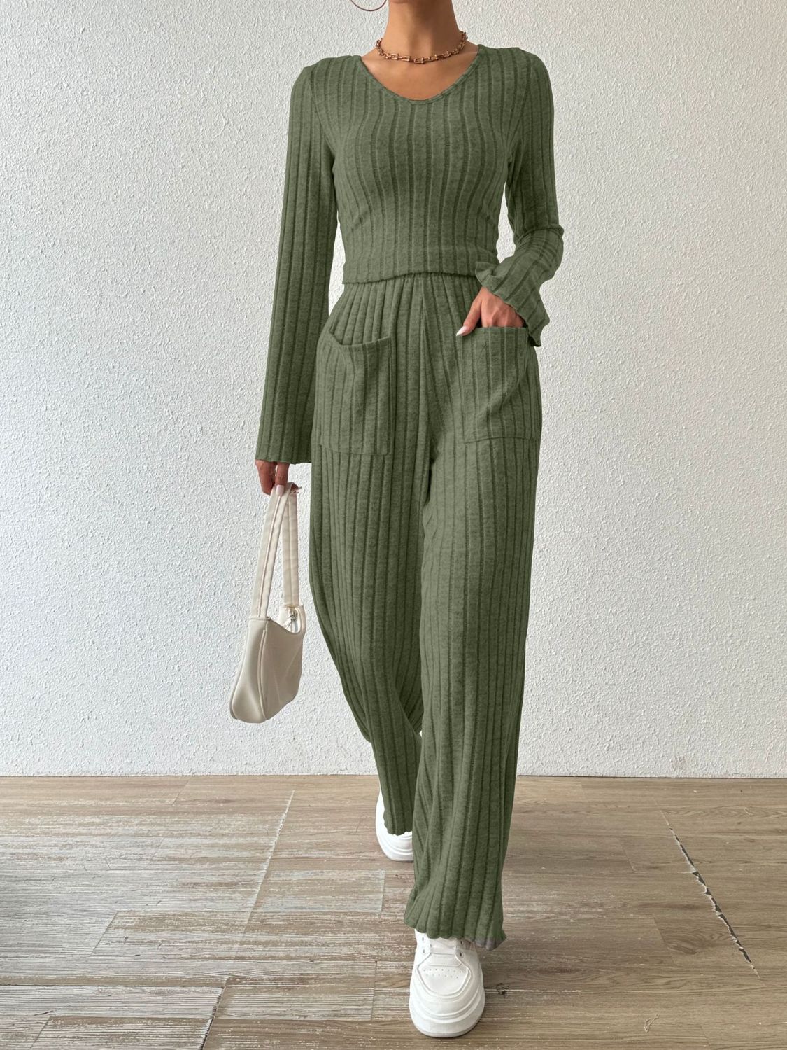 Ribbed V - Neck Long Sleeve Top and Pocketed Pants Set - Flip Flop Dynasty