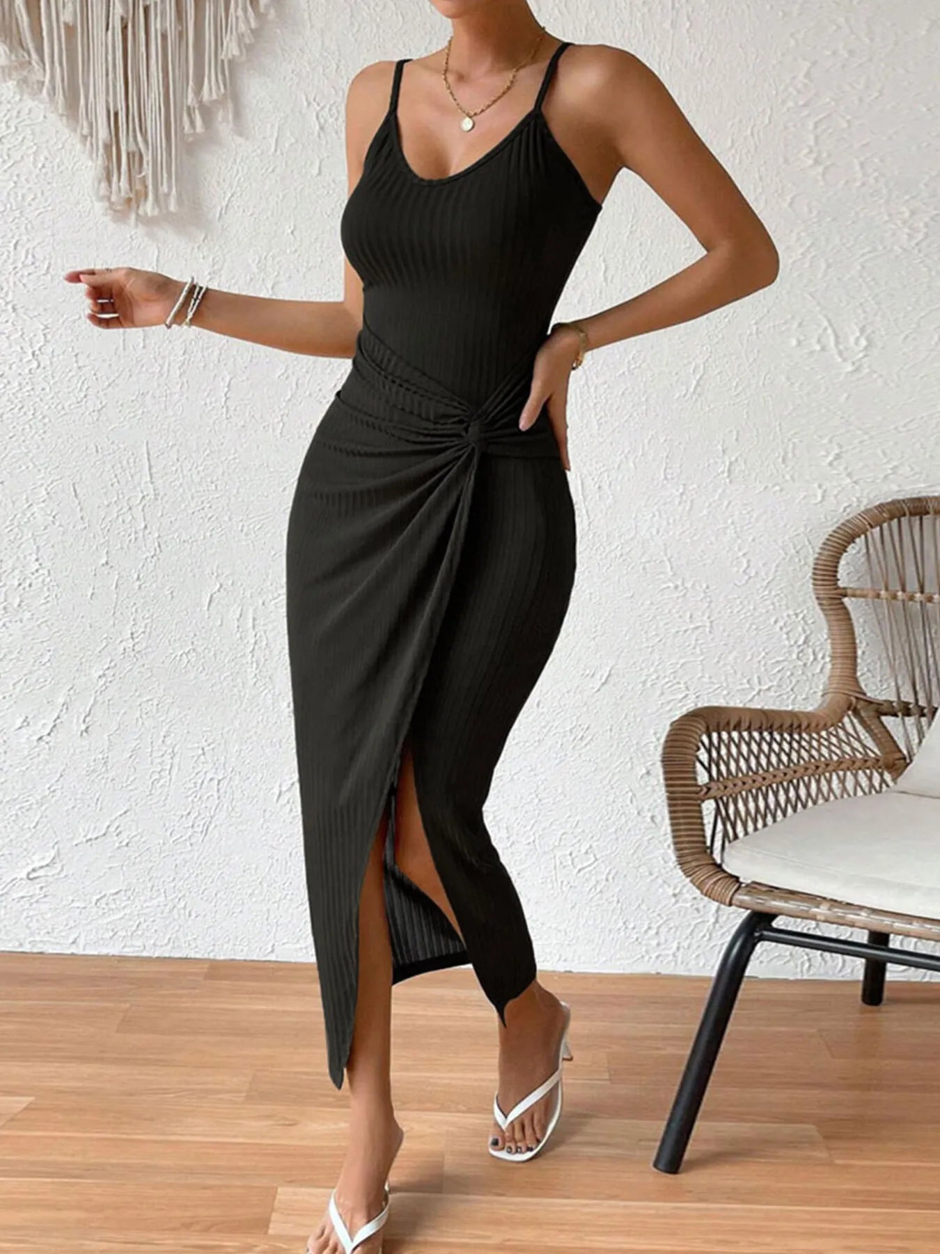 Ribbed Wrap Midi Dress with Side Slit - Flip Flop Dynasty