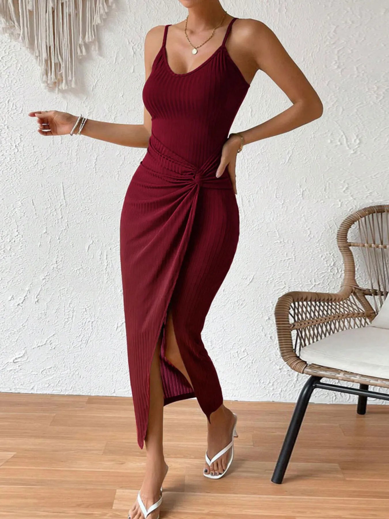 Ribbed Wrap Midi Dress with Side Slit - Flip Flop Dynasty