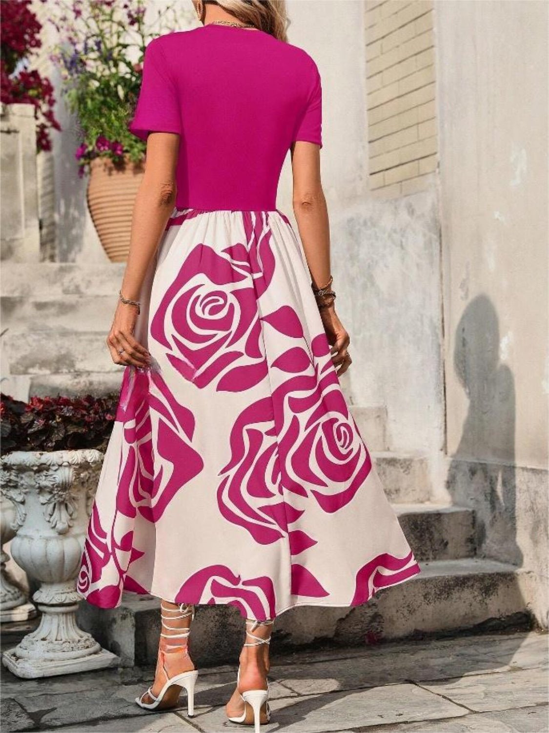 Rose Printed Round Neck Short Sleeve Dress - Flip Flop Dynasty