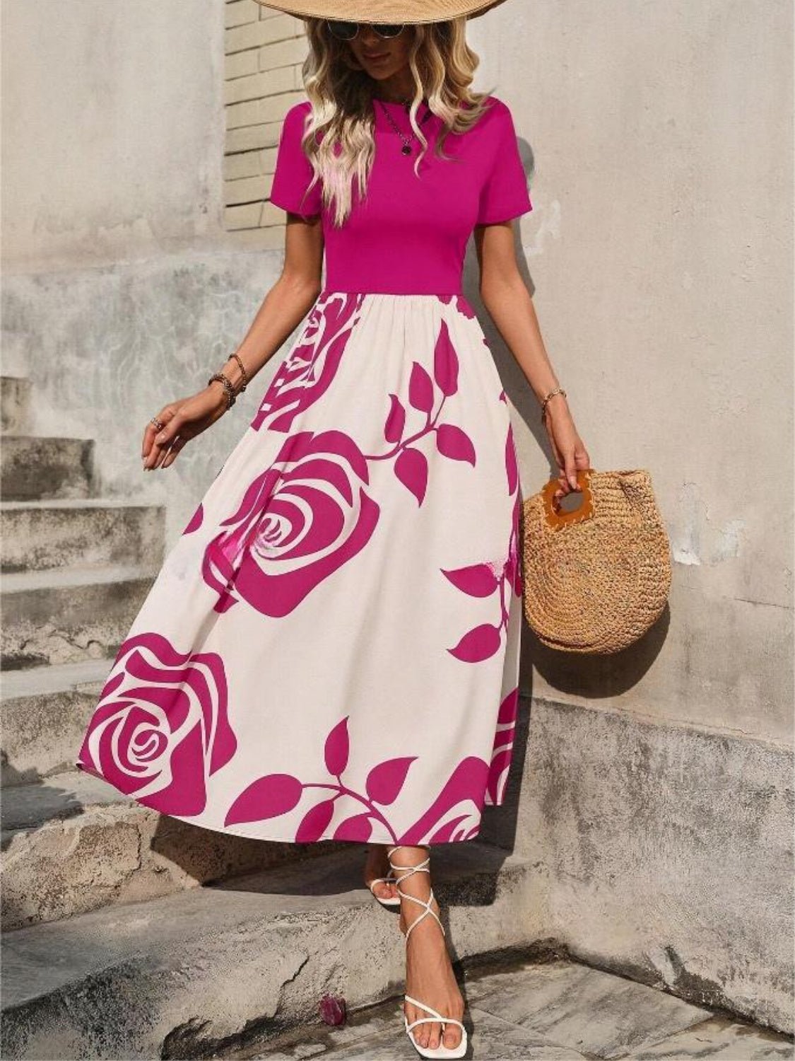 Rose Printed Round Neck Short Sleeve Dress - Flip Flop Dynasty