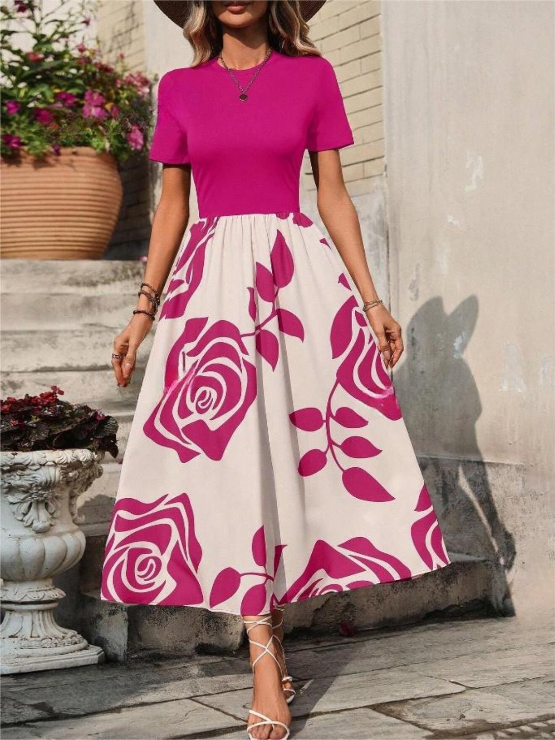 Rose Printed Round Neck Short Sleeve Dress - Flip Flop Dynasty