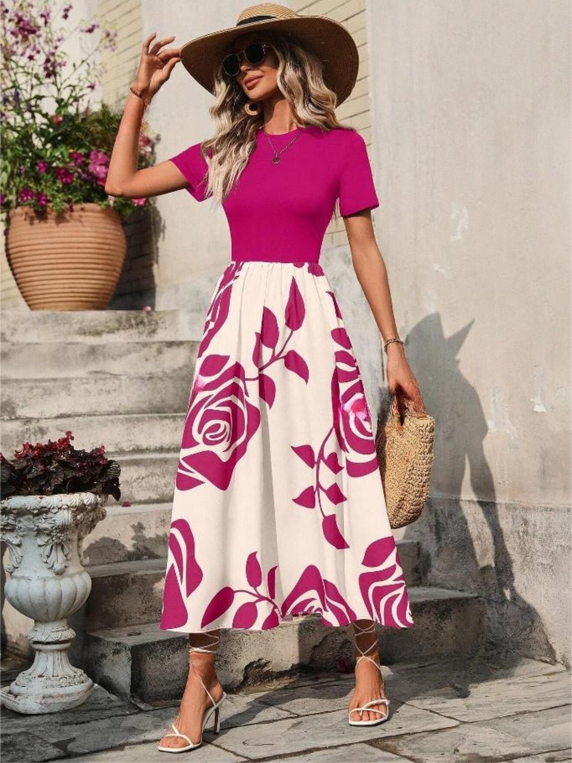 Rose Printed Round Neck Short Sleeve Dress - Flip Flop Dynasty