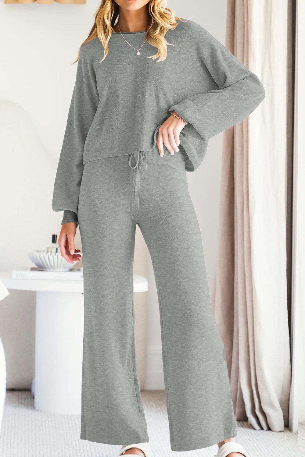 Round Neck Long Sleeve Top and Pants Set - Flip Flop Dynasty