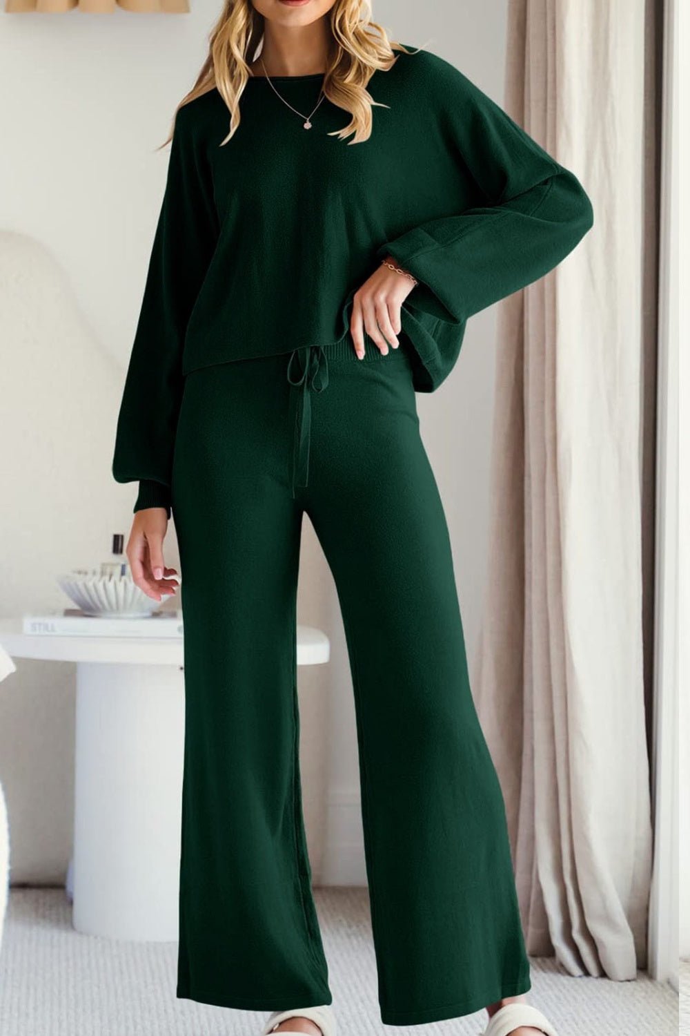 Round Neck Long Sleeve Top and Pants Set - Flip Flop Dynasty