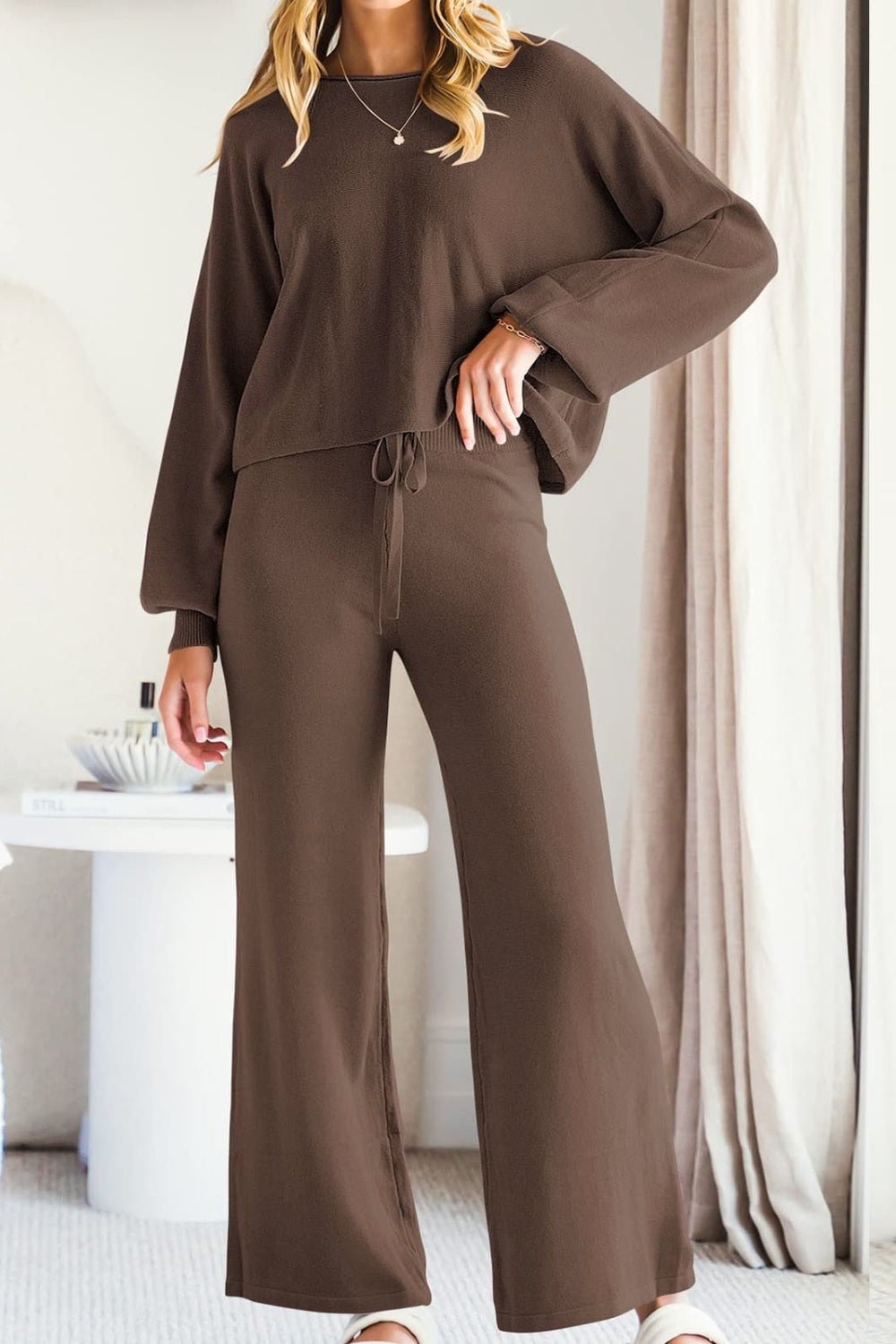 Round Neck Long Sleeve Top and Pants Set - Flip Flop Dynasty