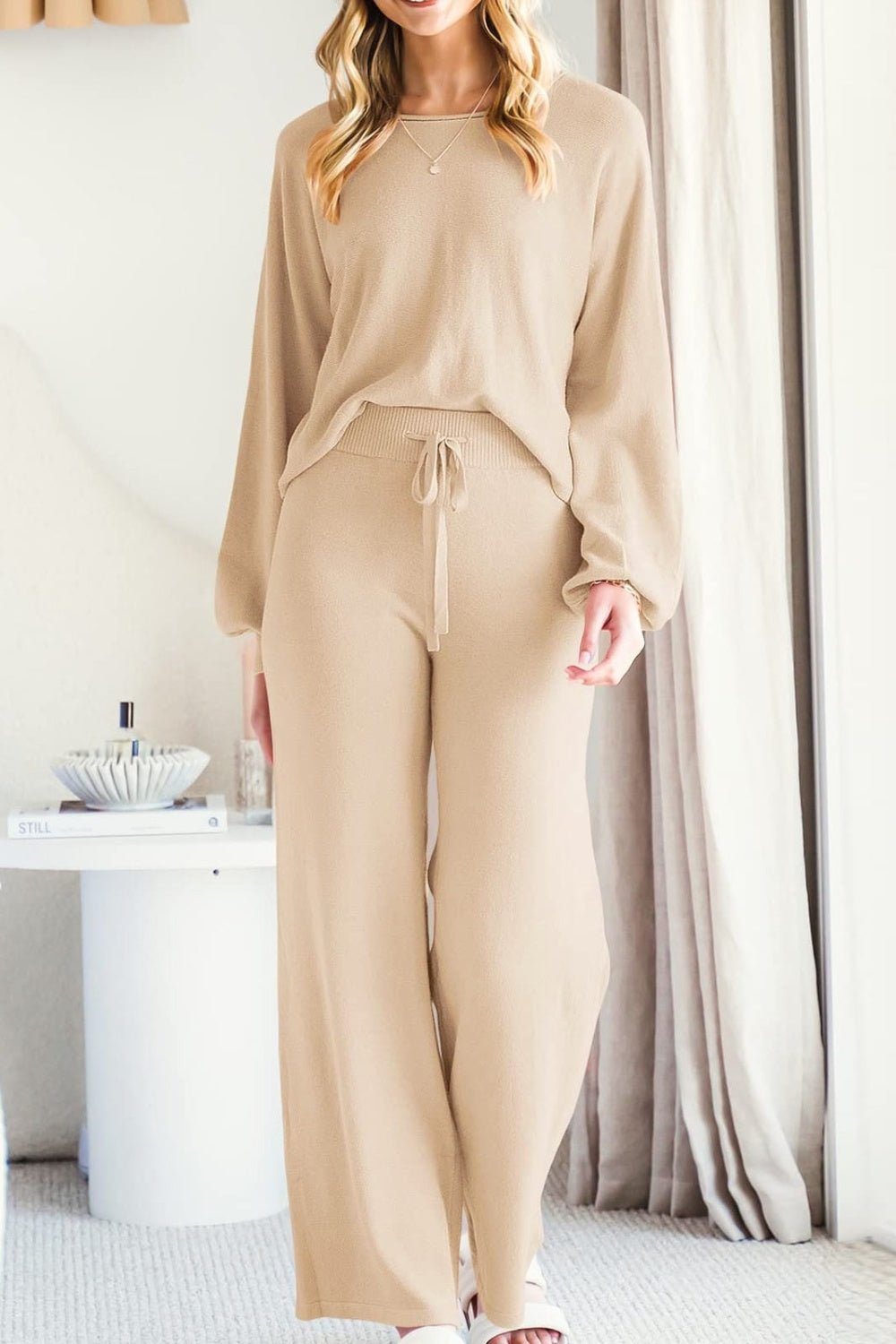 Round Neck Long Sleeve Top and Pants Set - Flip Flop Dynasty