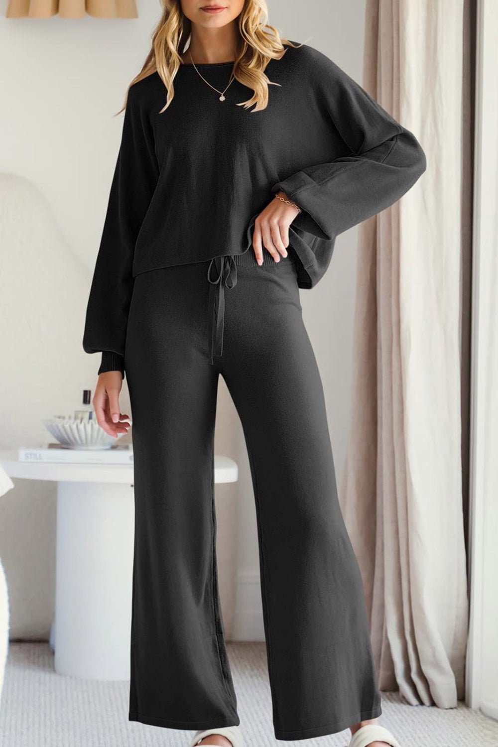 Round Neck Long Sleeve Top and Pants Set - Flip Flop Dynasty