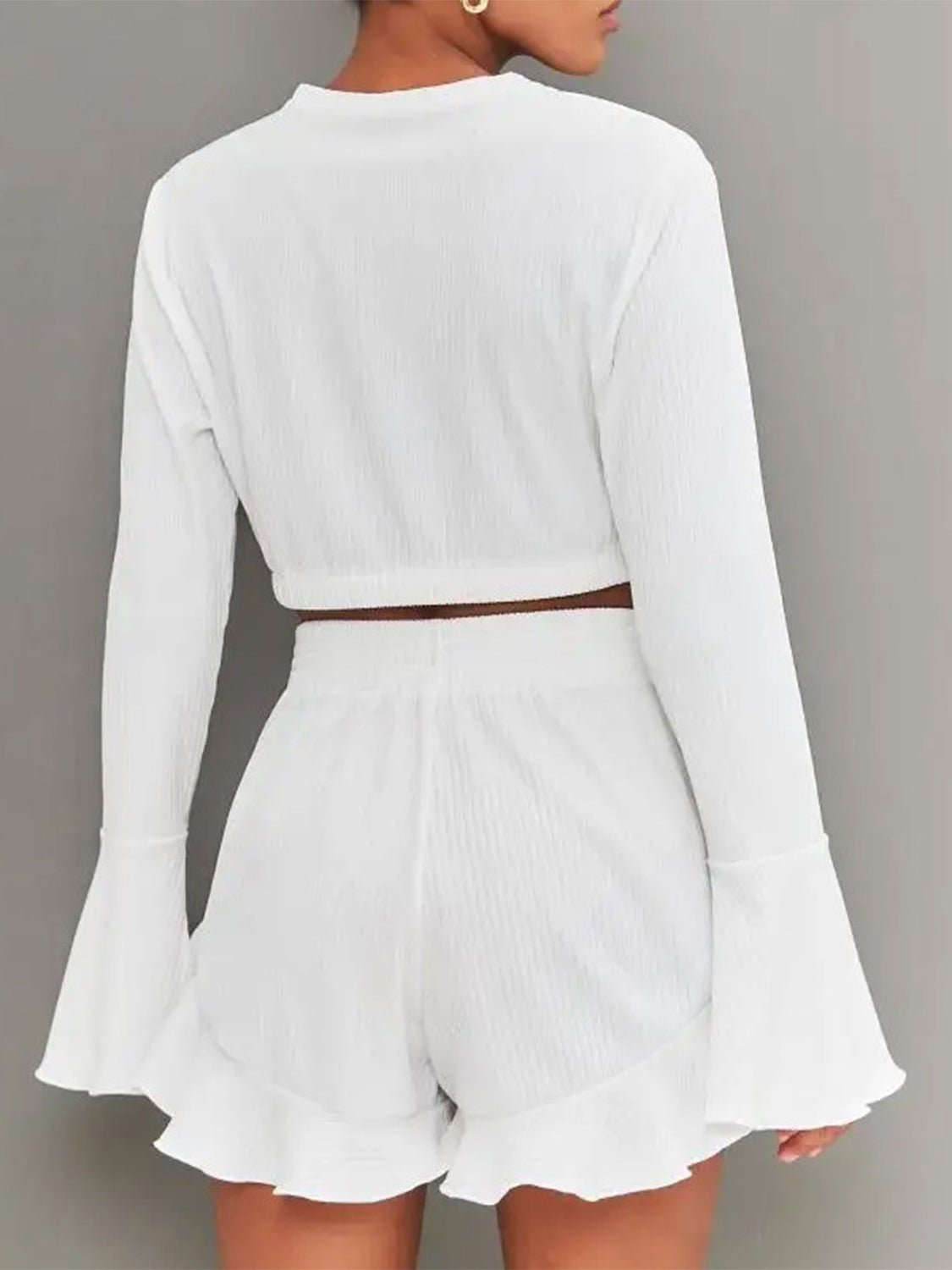 Round Neck Long Sleeve Top and Ruffled Shorts Set - Flip Flop Dynasty