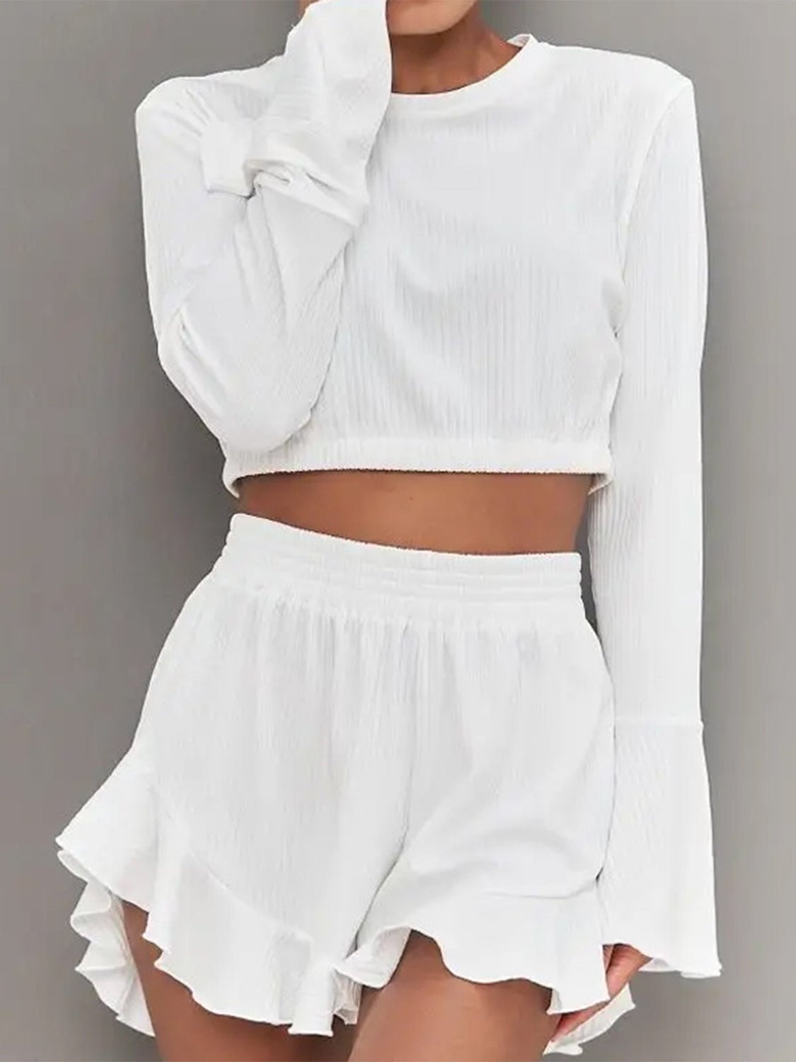 Round Neck Long Sleeve Top and Ruffled Shorts Set - Flip Flop Dynasty