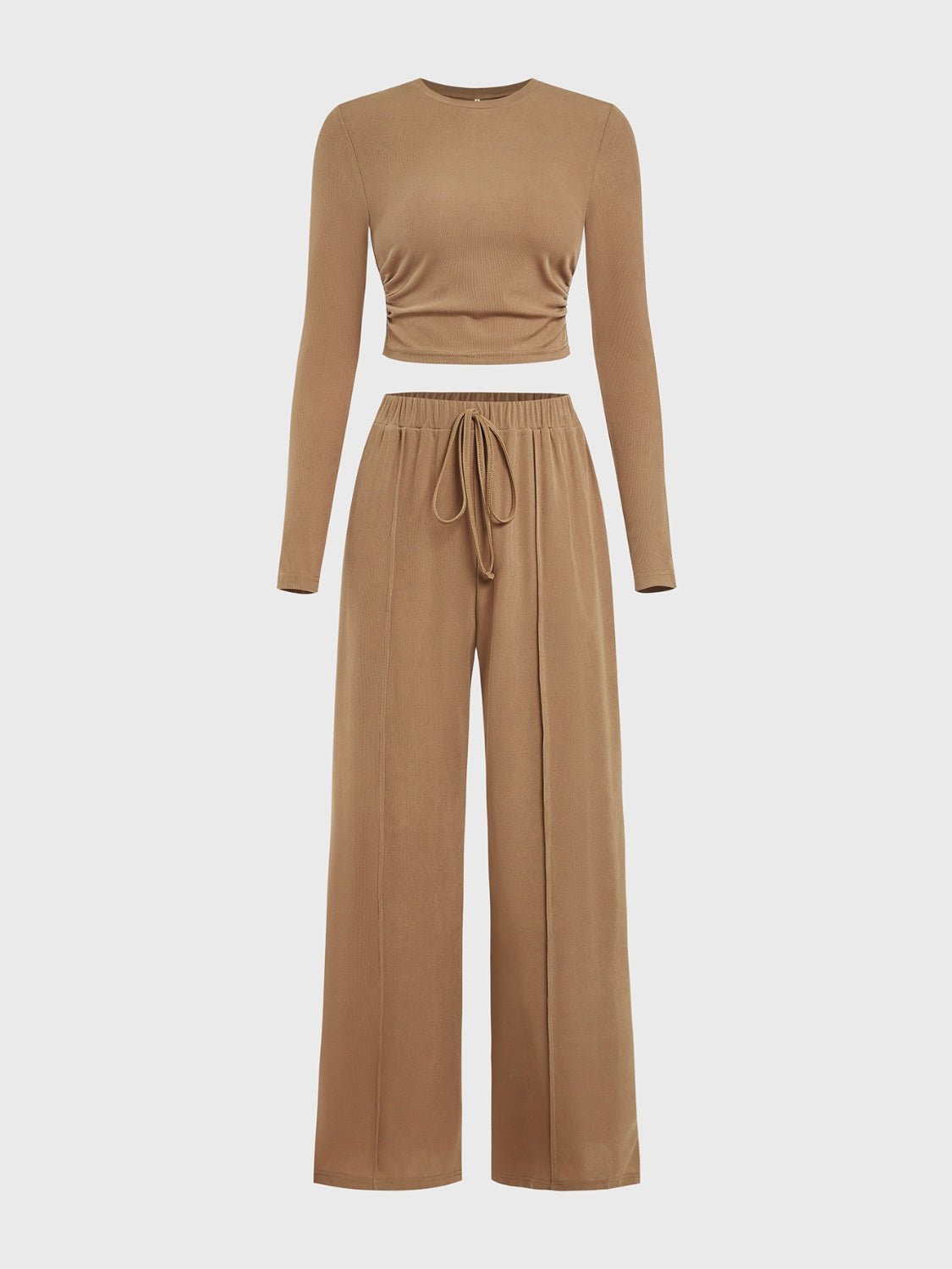 Round Neck Long Sleeve Top and Tied Pants Set - Flip Flop Dynasty