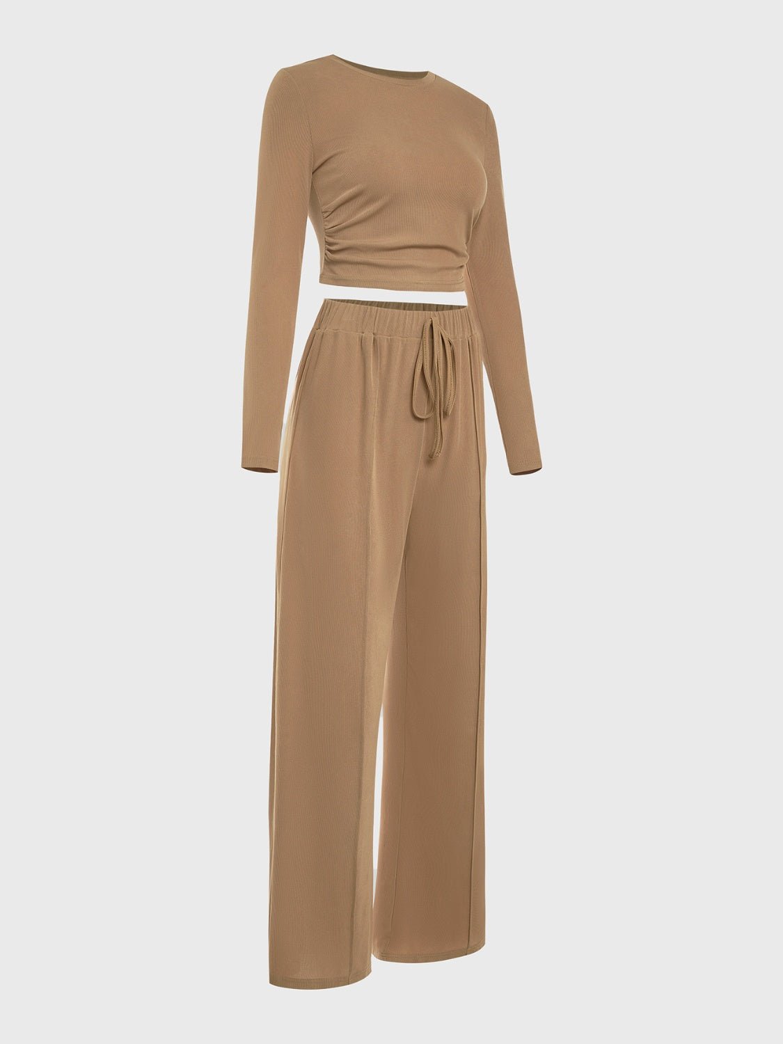 Round Neck Long Sleeve Top and Tied Pants Set - Flip Flop Dynasty
