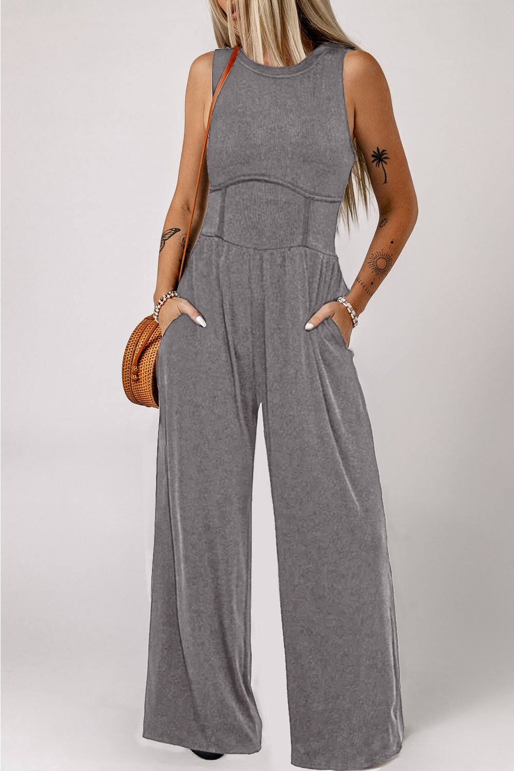 Round Neck Sleeveless Jumpsuit with Pockets - Flip Flop Dynasty