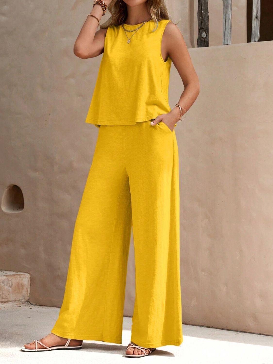 Round Neck Sleeveless Top and Wide Leg Pants Set - Flip Flop Dynasty