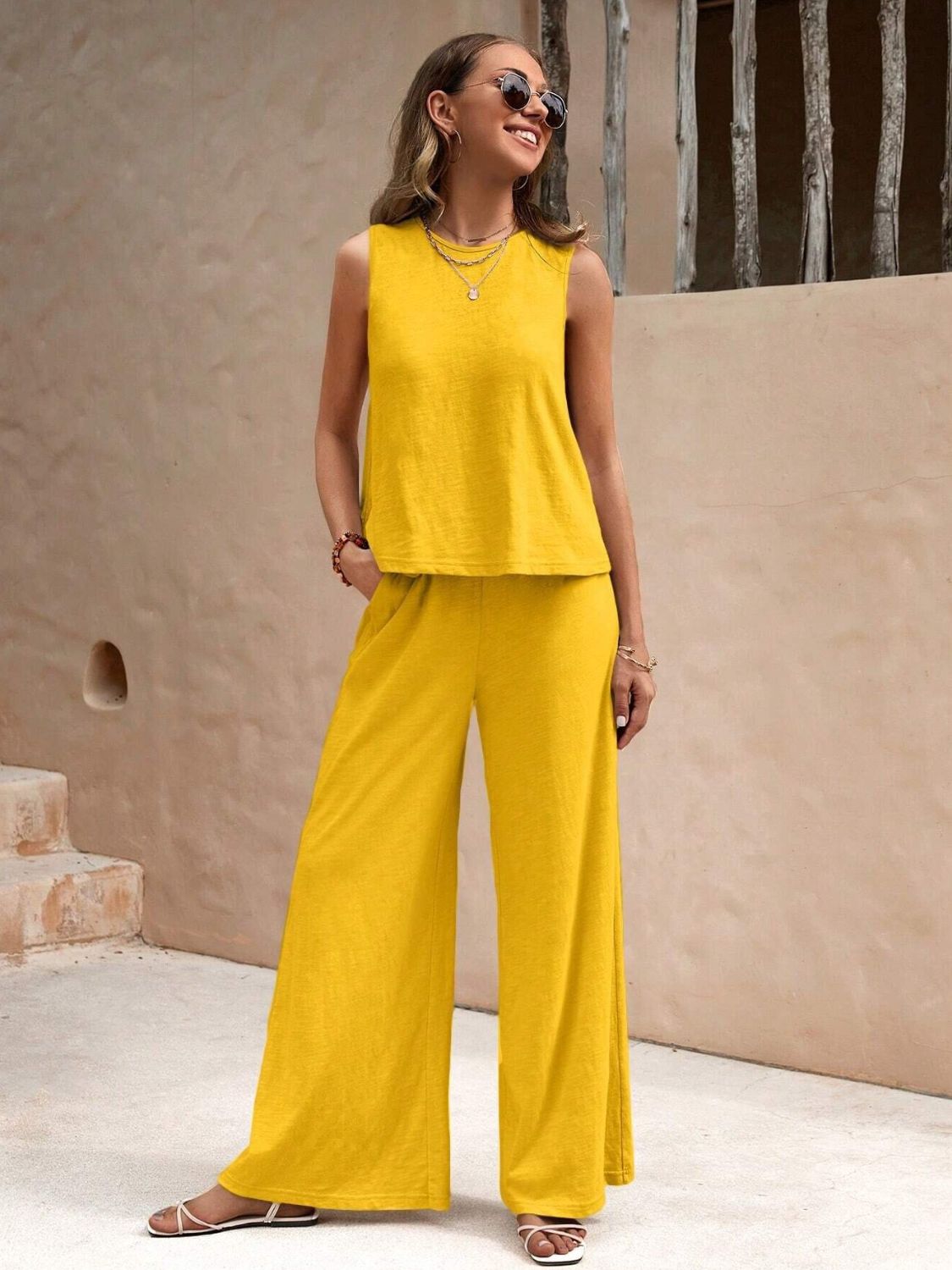 Round Neck Sleeveless Top and Wide Leg Pants Set - Flip Flop Dynasty