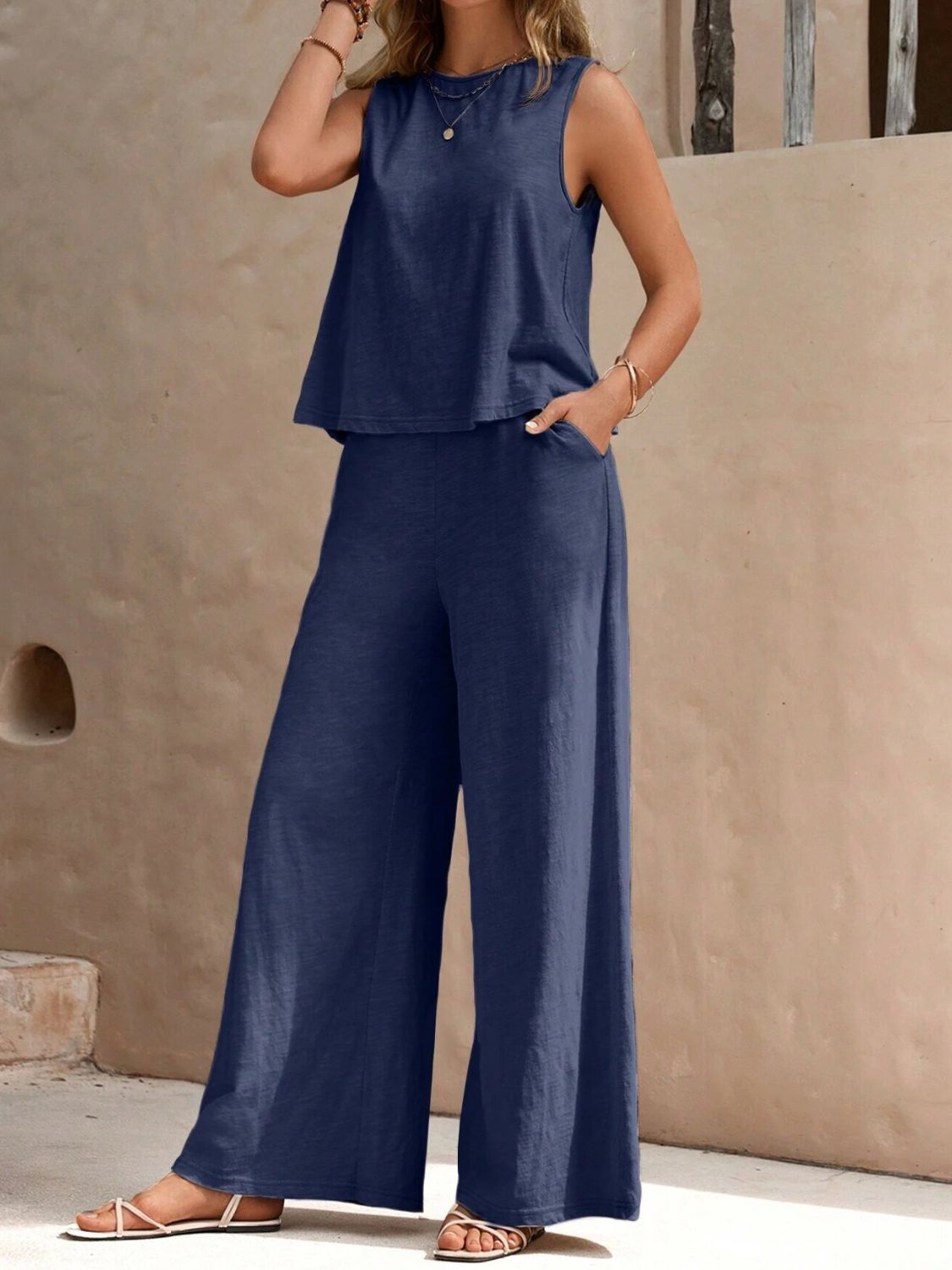 Round Neck Sleeveless Top and Wide Leg Pants Set - Flip Flop Dynasty