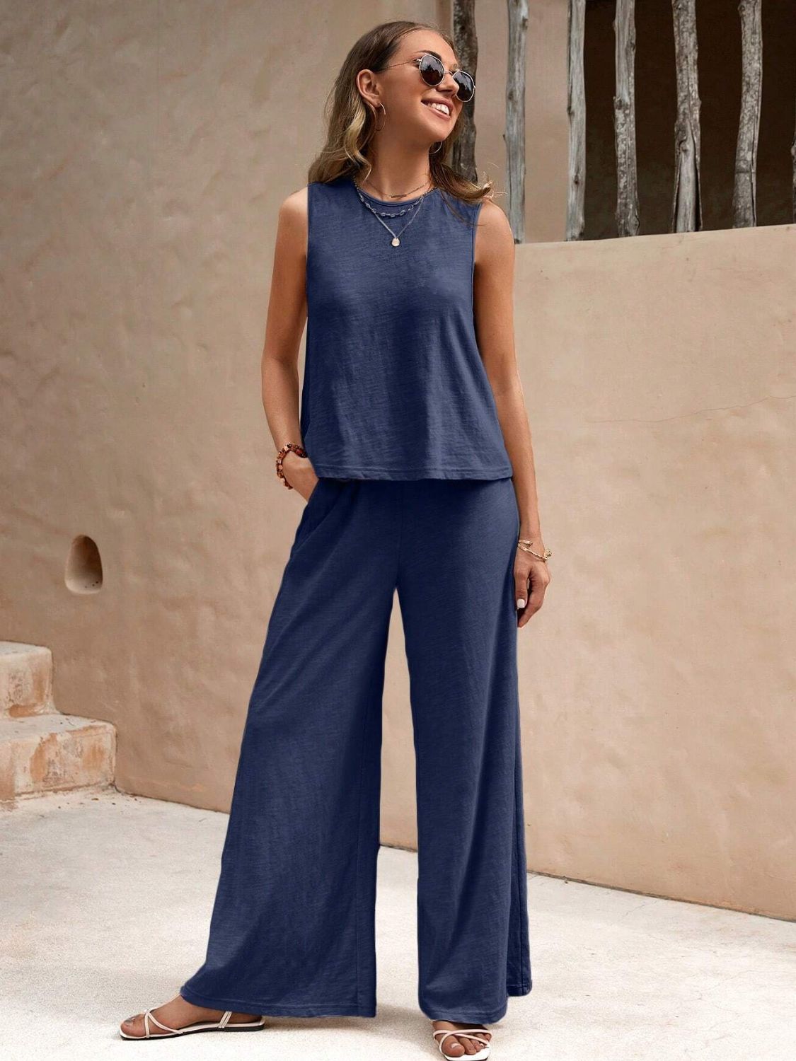 Round Neck Sleeveless Top and Wide Leg Pants Set - Flip Flop Dynasty