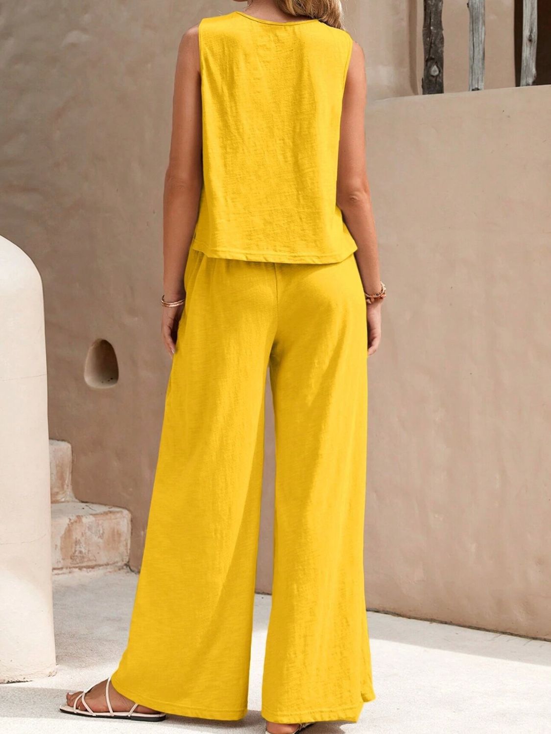 Round Neck Sleeveless Top and Wide Leg Pants Set - Flip Flop Dynasty