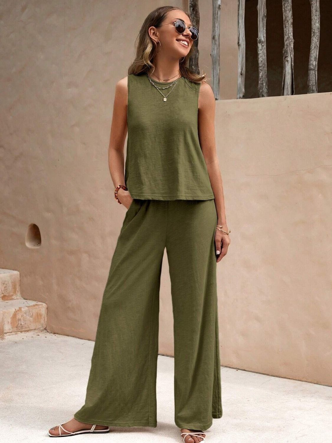 Round Neck Sleeveless Top and Wide Leg Pants Set - Flip Flop Dynasty