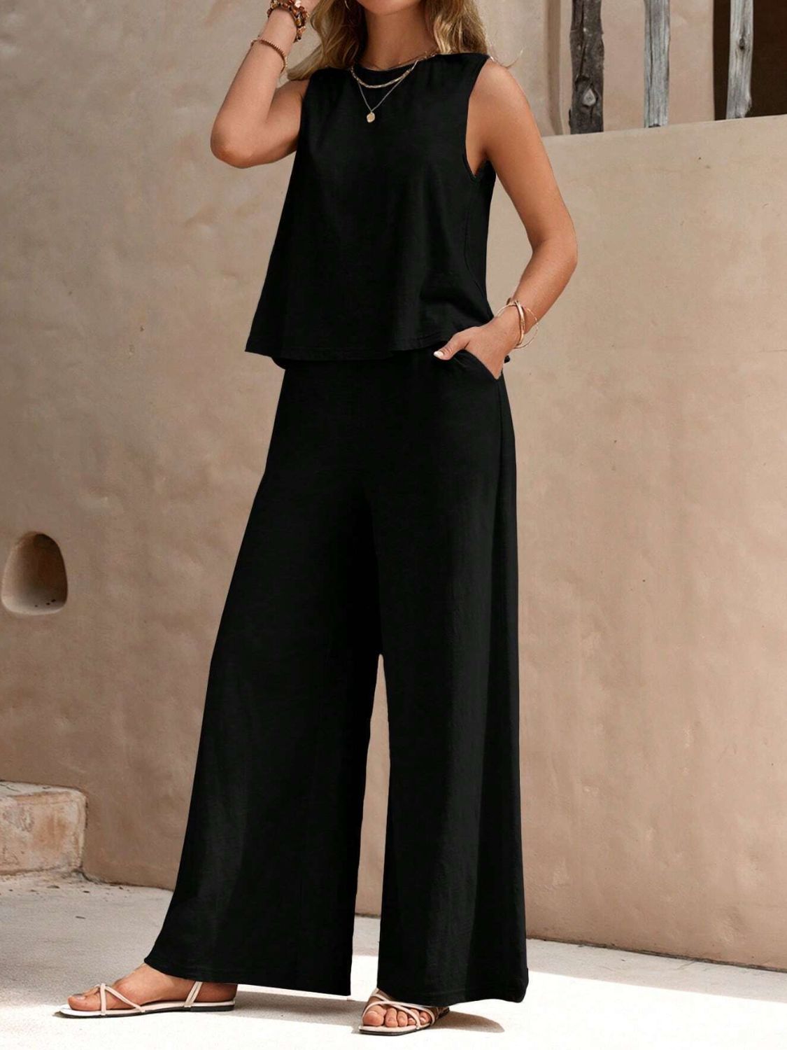 Round Neck Sleeveless Top and Wide Leg Pants Set - Flip Flop Dynasty